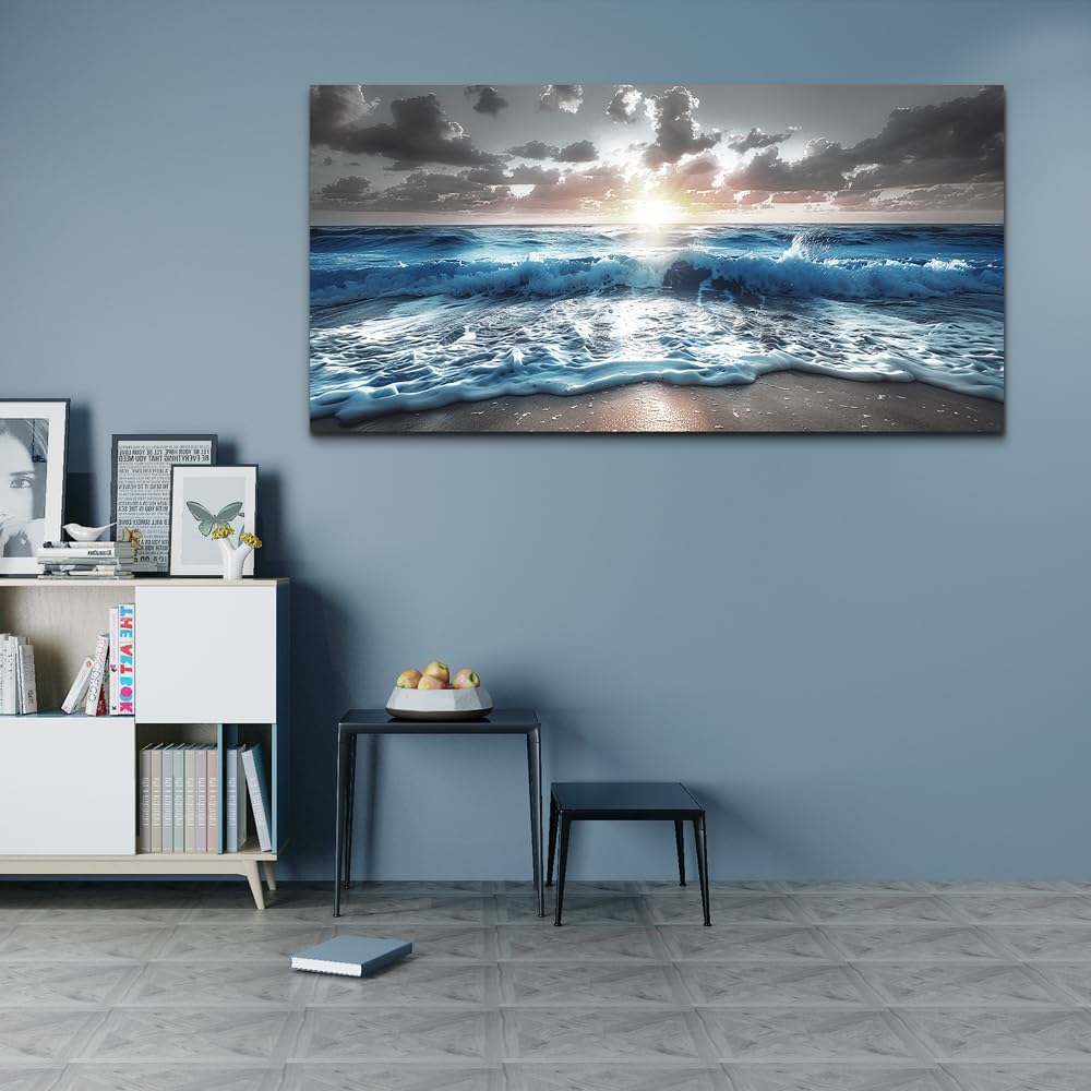 hyidecorart Large Wall Art For Living Room Modern Wall Decor For Office Blue Beach Painting Sea Waves Sunshine Wall Pictures Bedroom Home Decoration Prints Posters Mural Artwork Ready To Hang 60x30