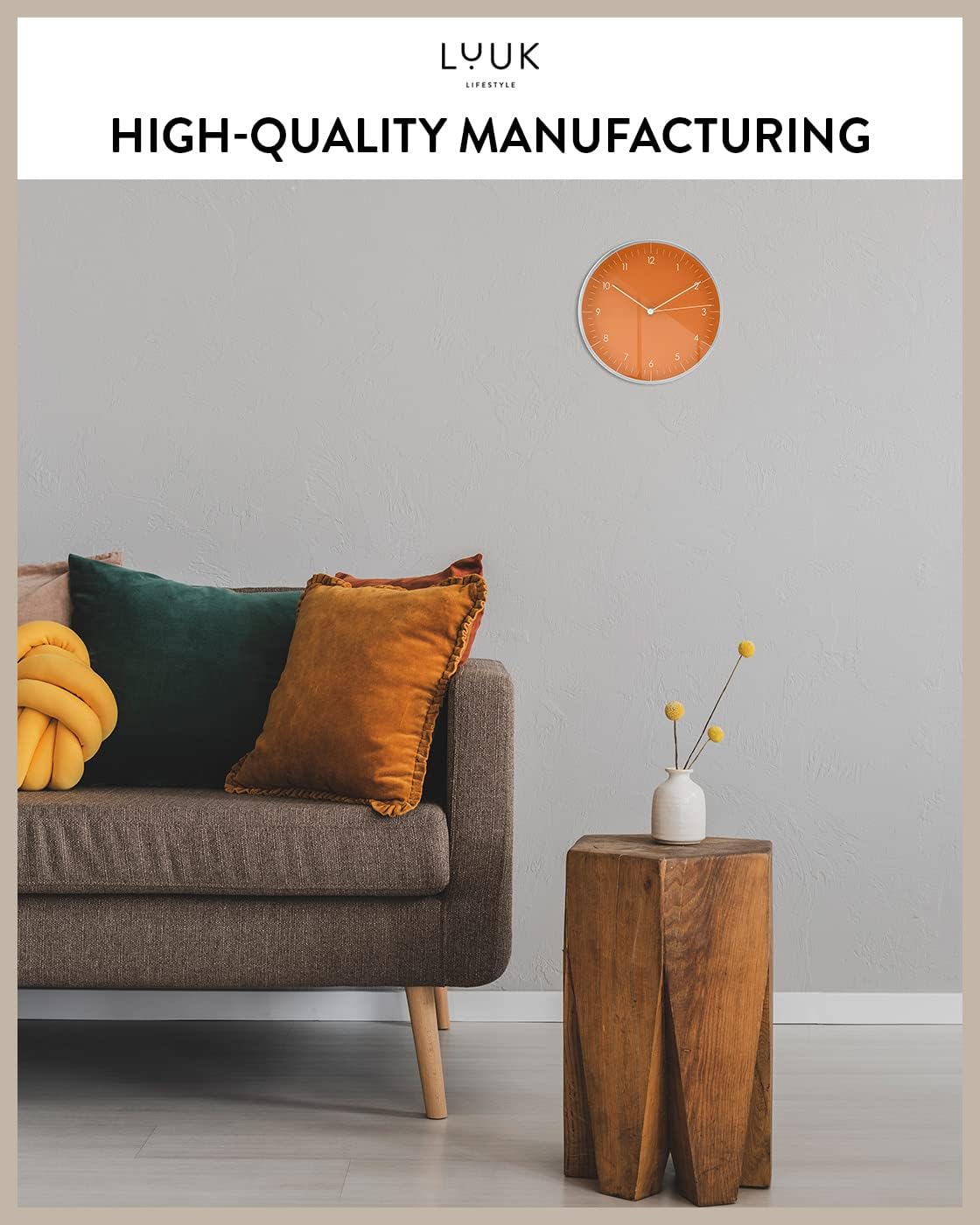 LUUK LIFESTYLE Silent Quartz Wall Clock, Modern and Minimalist Design, Without Ticking, 10” Kitchen Clock, for Living Room, Bedroom, Housewarming Gift, Orange and Silver