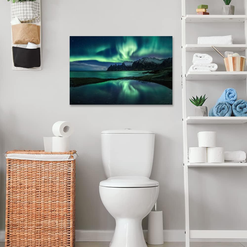 Aurora Borealis Wall Art Painting for Office Bedroom Scenery Landscape Canvas Print Framed Picture Northern Lights Poster Artwork Ready to Hang(12.00"x16.00")