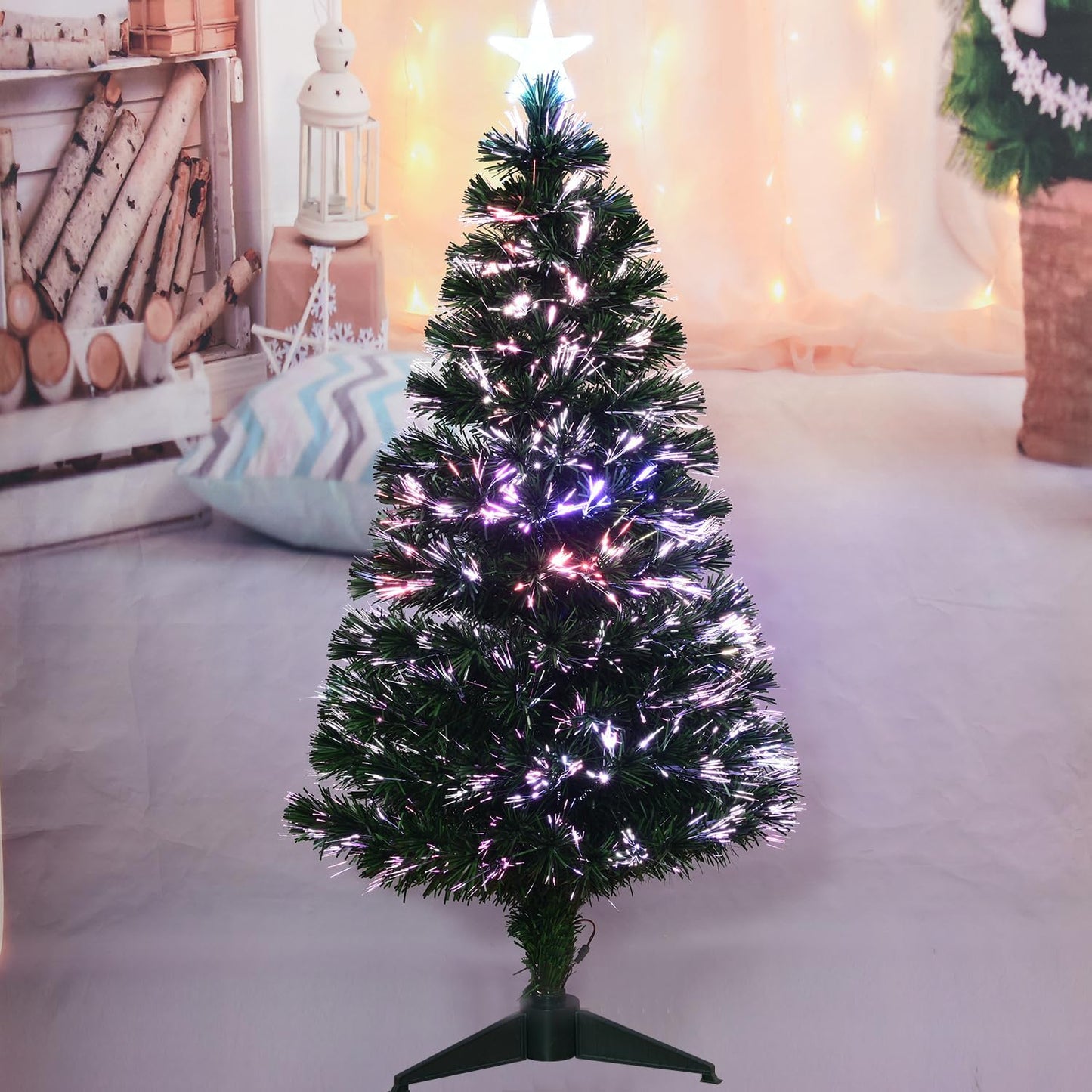 4FT Fiber Optic Green Christmas Tree Artificial Tree with Stand,Pre-lit Full Xmas Tree with Top Star Perfect for Indoor Holiday Decoration