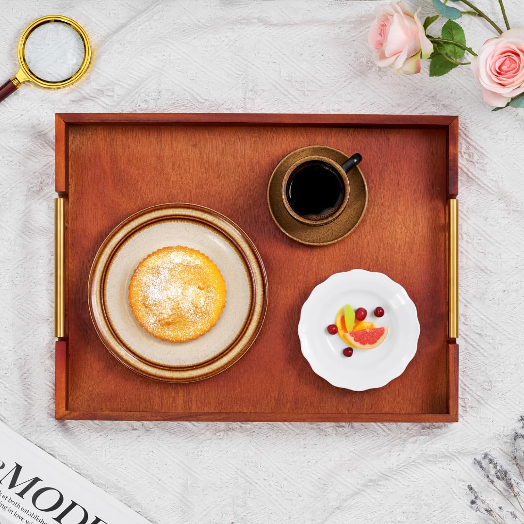 Premium Acacia Wood Ottoman Tray, 17x13 inches Large Serving Tray, Decorative Coffee Table Tray with Metal Handles, Ideal for Breakfast in Bed, Appetizers, Kitchen & Living Room Decor