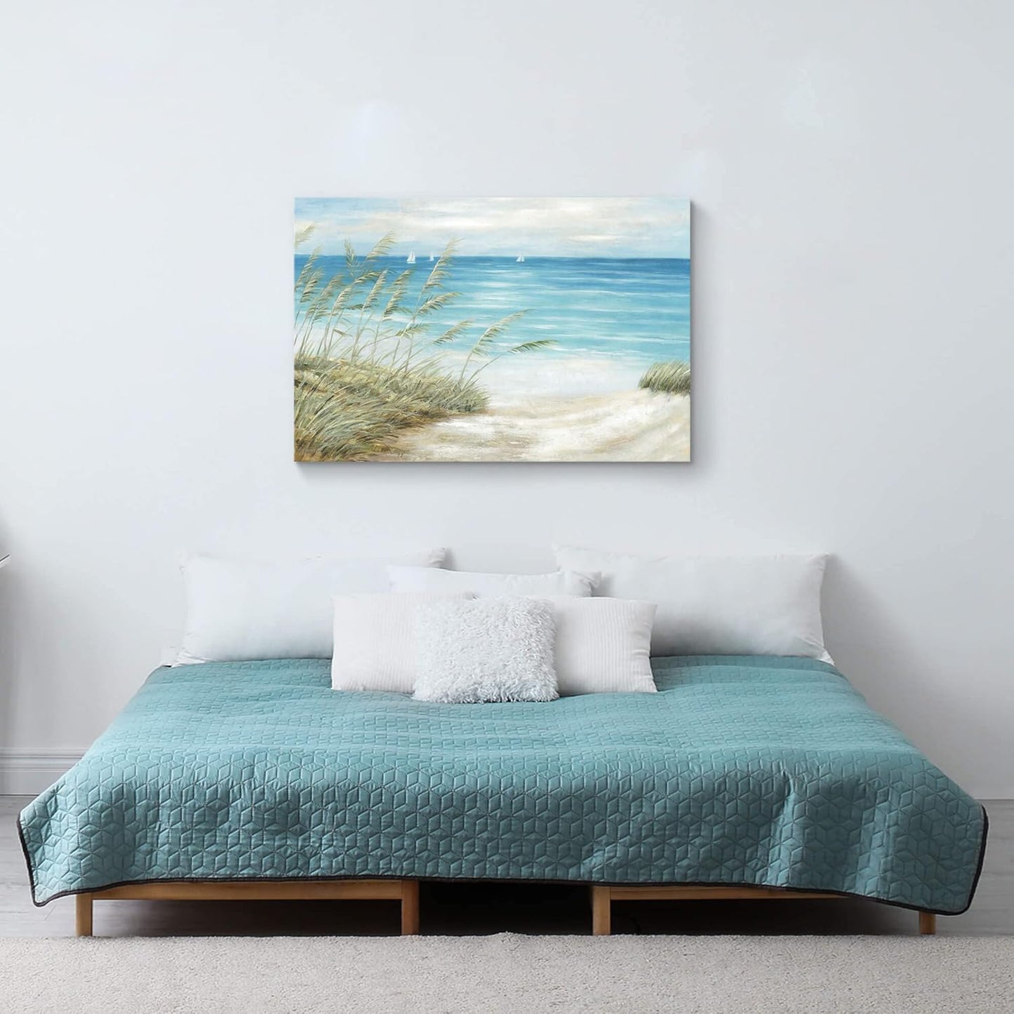 Beach Coastal Canvas Wall Art: Sea Reed Hand Painting Vintage Abstract Blue Ocean Boat Nautical Pictures Modern Seascape Grass Path Artwork Decor for Bathroom Bedroom