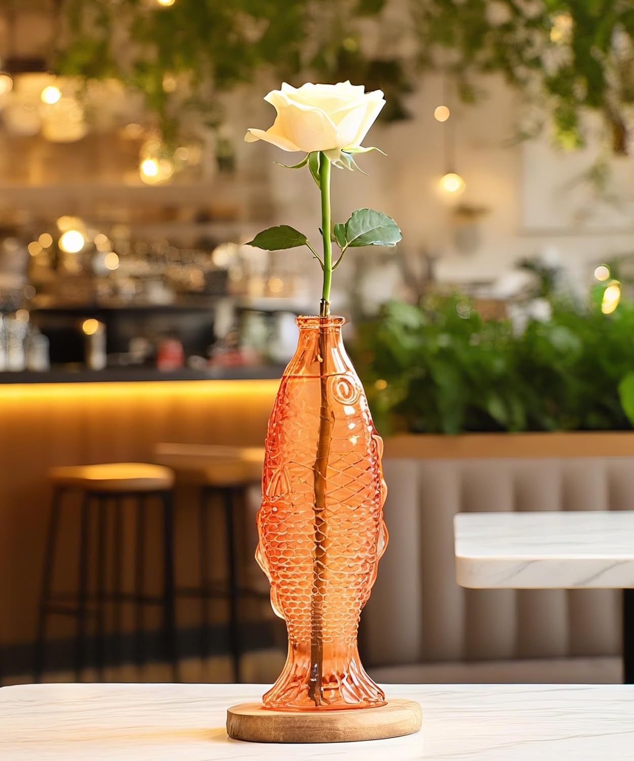 Nacome Fish Vase Glass Plant Terrarium with Wooden Stand,Planter Propagation Station for Home Office Hydroponics Desk Decoration,Unique Gardening Gifts for Plant Lovers Women Mom(Orange)