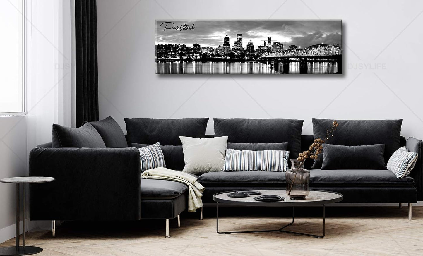 DJSYLIFE-Portland Skyline Canvas Print Modern City Landscape Wall Art USA Skyscraper Black and White Panoramic Night View Painting Office Living Room Home Decor Ready to Hang 13.8"x47.3"