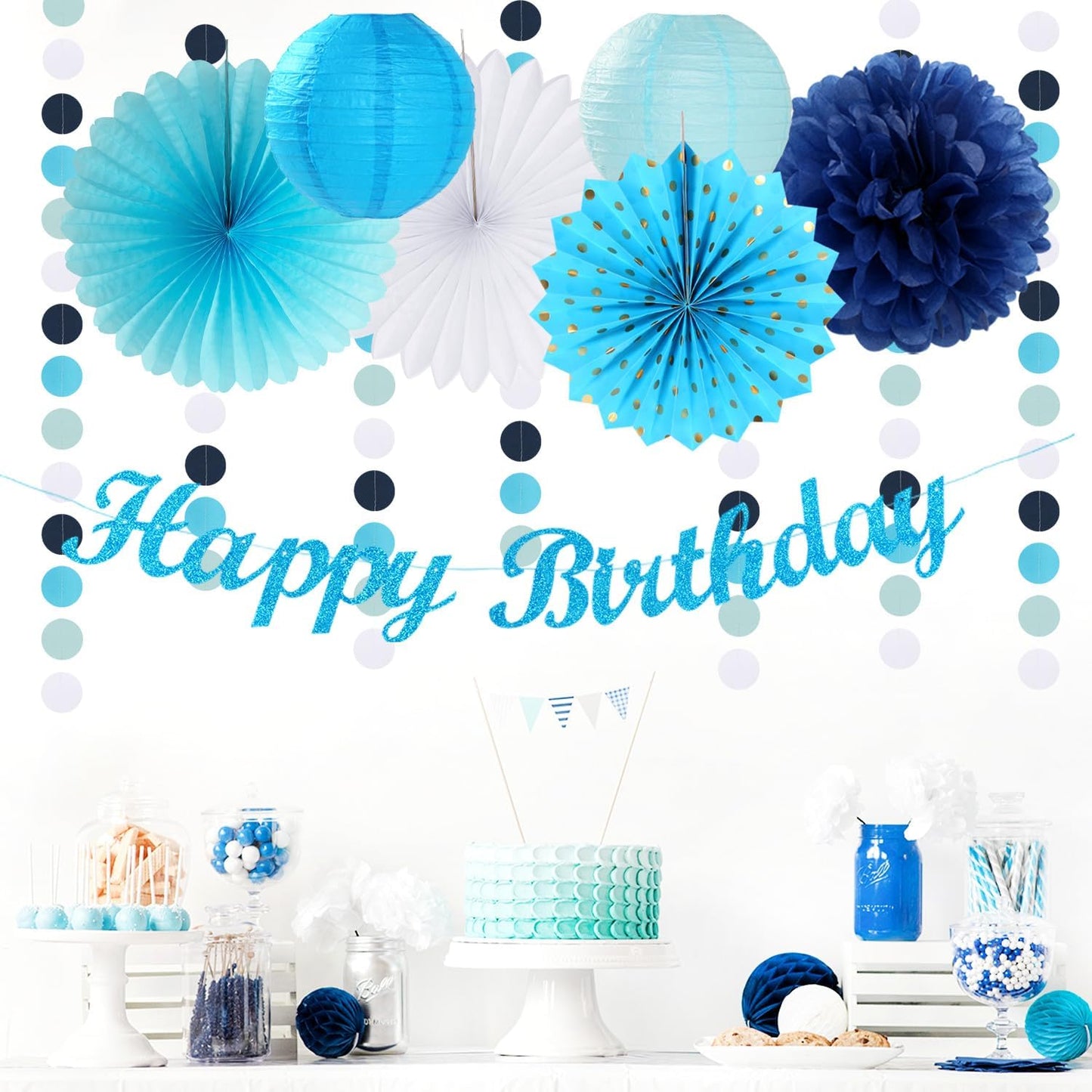 Light-Royal Blue White Birthday Party-decorations - 21pcs Boys Men Ocean Happy Banner,Navy Dusty Paper Streamers Lanterns Honeycomb,tissue Pom Poms Fan,Nautical Adult Garland Supplies Decor Huglony