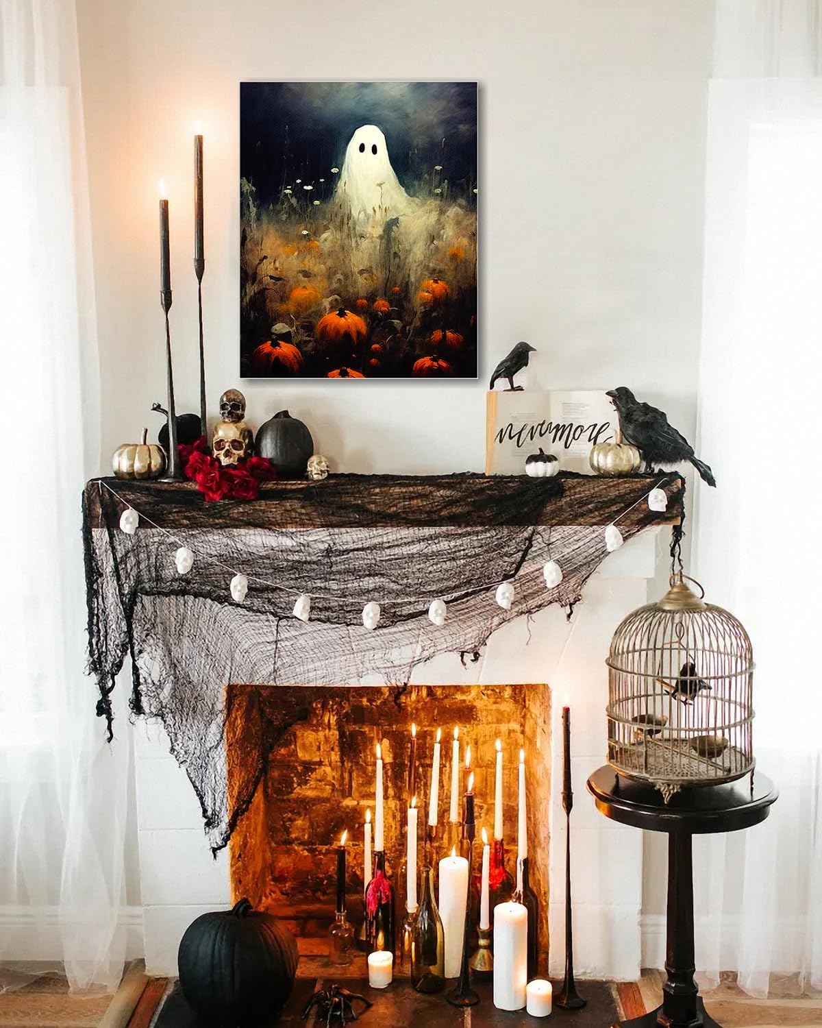 Halloween Canvas Wall Art, Spooky Ghost in Pumpkin Patch Poster, Vintage Gothic Fall Decor, Dark Academia Fall Decor for Living Room, Framed Indoor Halloween Decorations