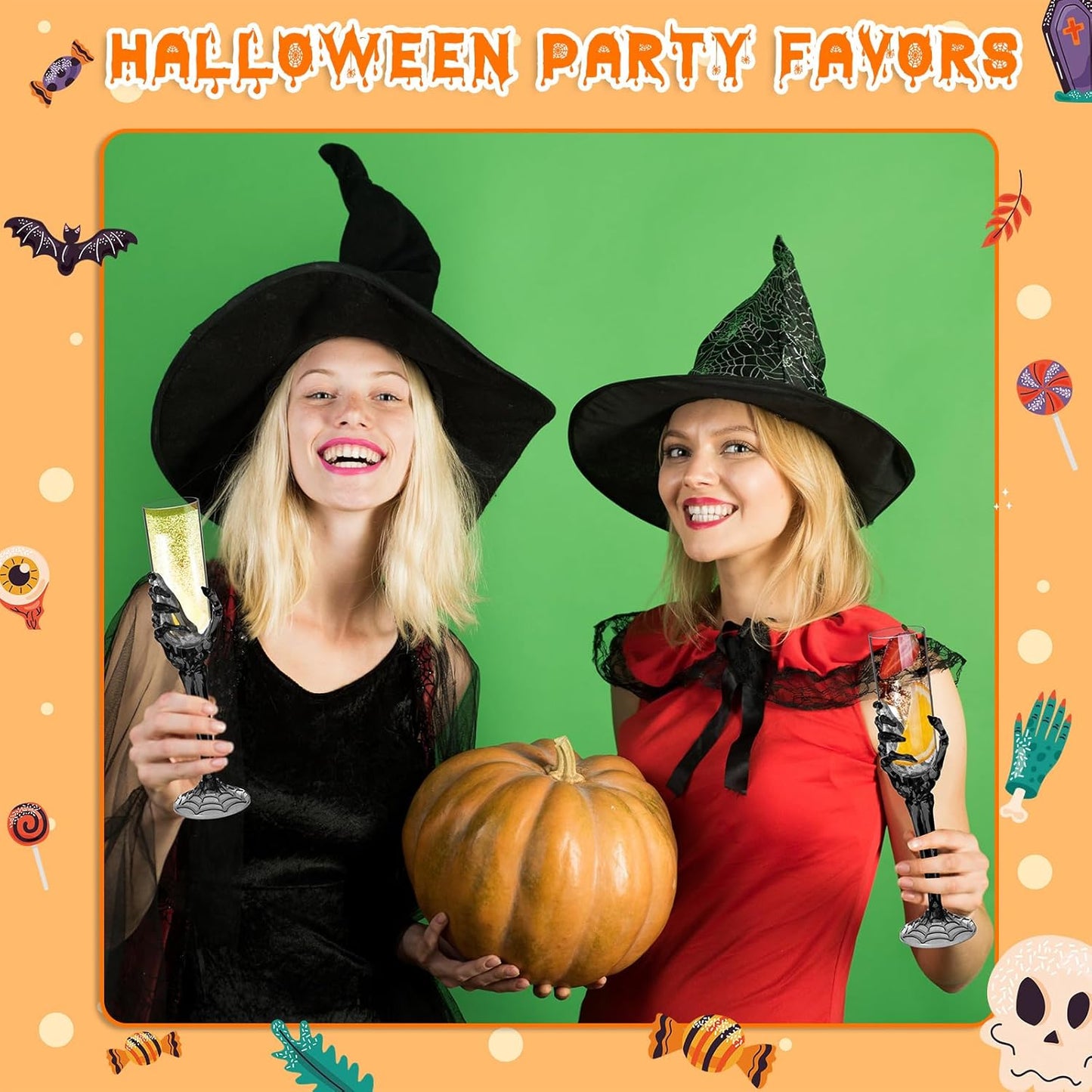 Bokon 48 Pcs Halloween Champagne Flutes Bulk Plastic Stemware Halloween Skeleton Hand Plastic Goblets Creepy Champagne Flute for Party Decoration(Black)