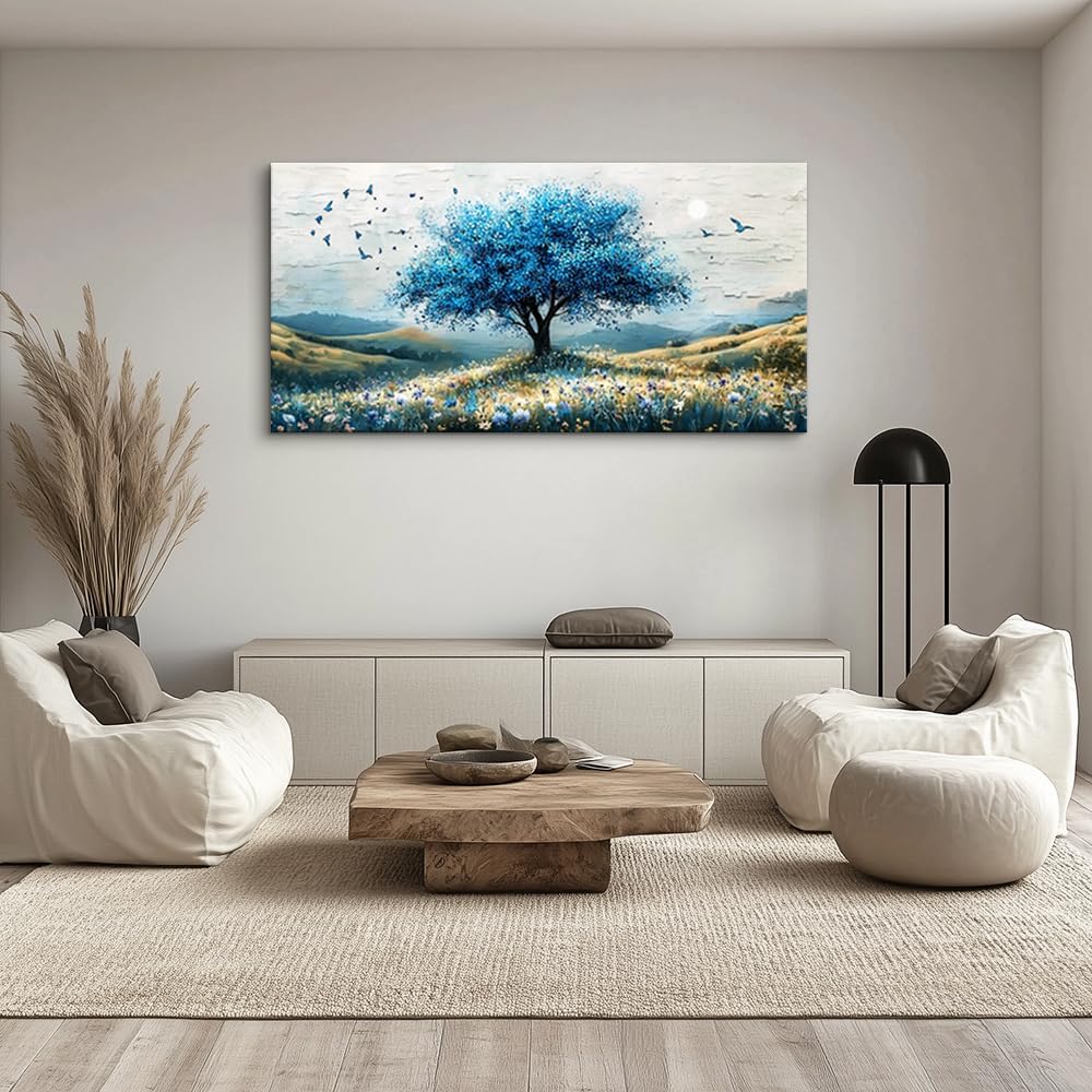 ZUITINGHUA Large Wall Decor For Living Room Canvas Wall Art For Office Modern Wall Decorations For Bedroom The Blue Tree Landscape Painting Farmhouse Pictures Artwork Room Home Decor 24x48 In