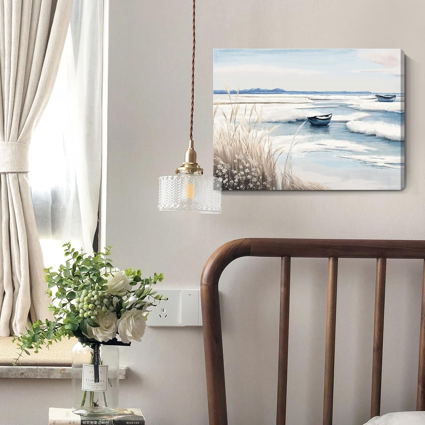 amatop Coastal Wall Art - Nautical Ocean Canvas Print with Light Blue & White Seascape, Boat, Reeds - Beach Picture for Modern Farmhouse, Lake House, Bedroom, Bathroom, Beach-Themed Artwork,16x12