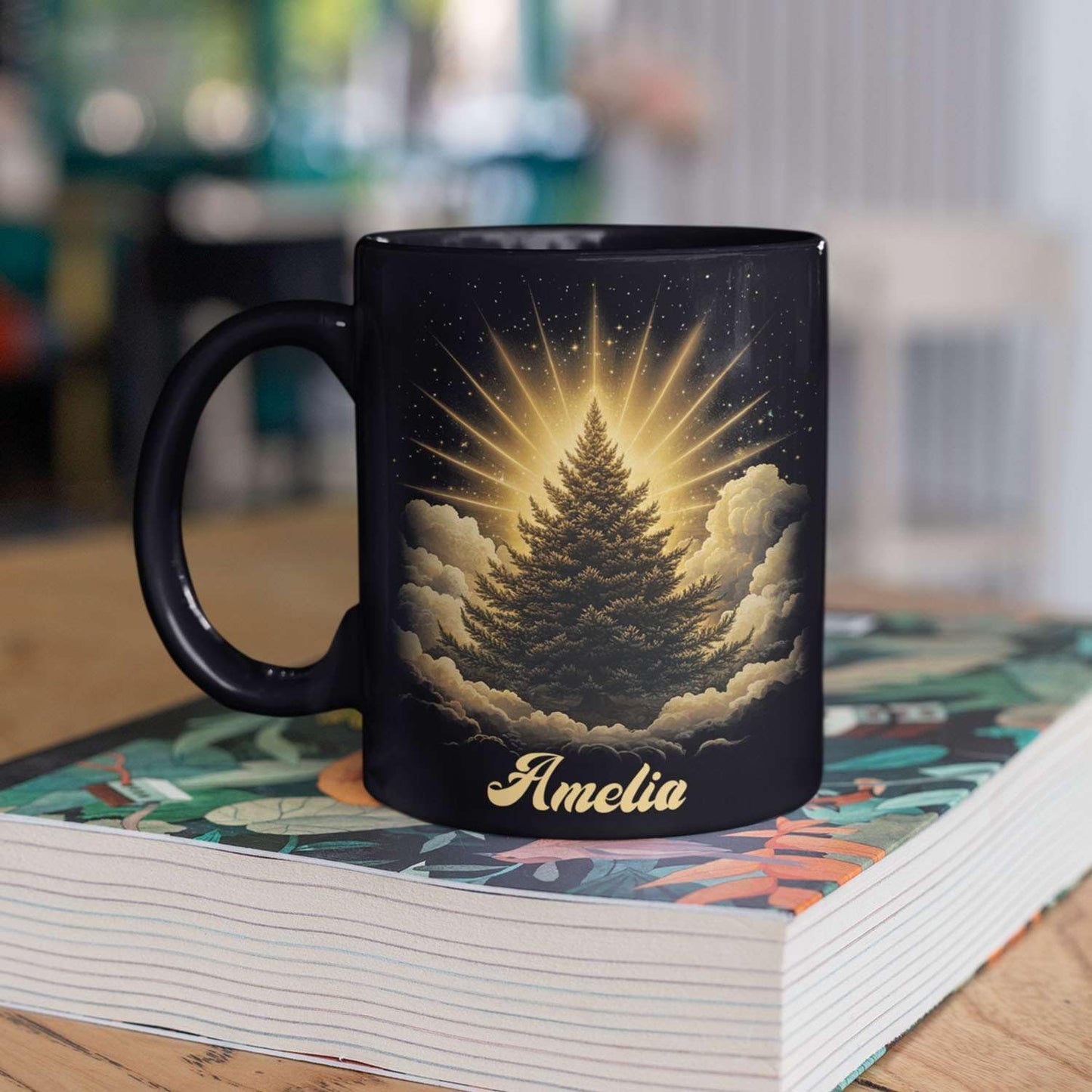 Spiritual Nature Themed Ceramic Cup, Custom Name Coffee Mug 11oz or 15oz, Personalized Pine Tree Black Cup for Christmas, Custom Winter Season Coffee Mug, Gifts for Friends, Family