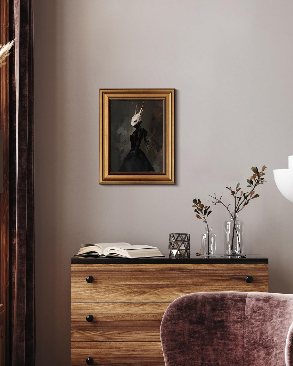 HUARCEY Gold Framed Vintage Wall Art Canvas Prints Gothic Room Decor Vintage Rabbit Lady Wall Decor, Aesthetic Dark Academia Halloween Pictures Oil Painting Goth Decorations 8x10in