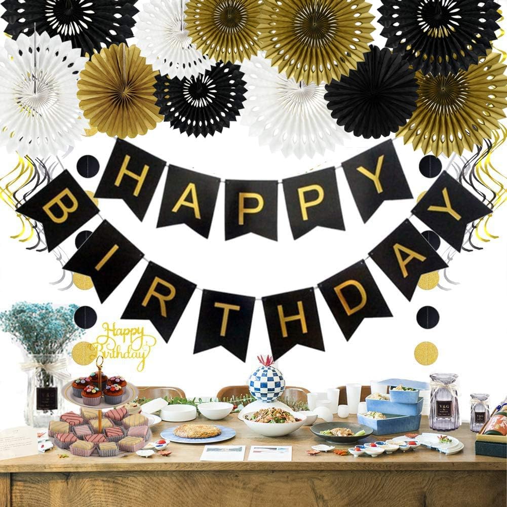 BEISHIDA Black Gold White Hanging Honeycomb Round Paper Fans Decoration Set for New Year Baby Shower Birthday Wedding Bachelorette Photo Booth Backdrops Anniversary Paper Party Supplies(11packs)