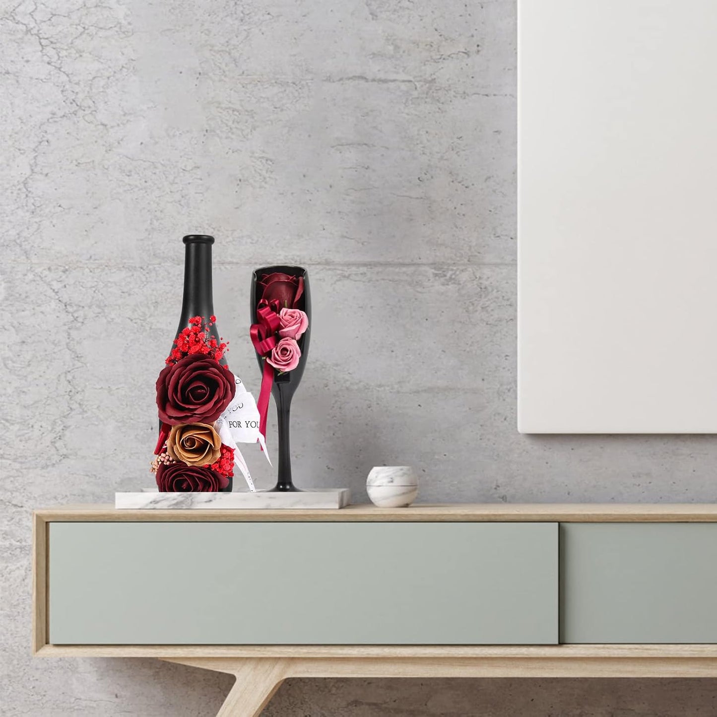 Valentines Day Gift Red Rose Fake Flowers Wine Bottle Vase Rose Glass Artificial Flowers for Home Table Decor Office Decoration Preserved Rose Flowers For Her Womens Valentines Decoration Set of 2