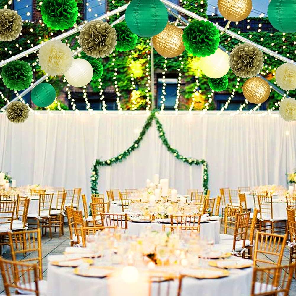 Green Gold Party Decorations, Hanging Paper Lanterns and Pom Poms Flowers for Woodland Baby Shower Graduation Green Birthday Party Decor 15PCS