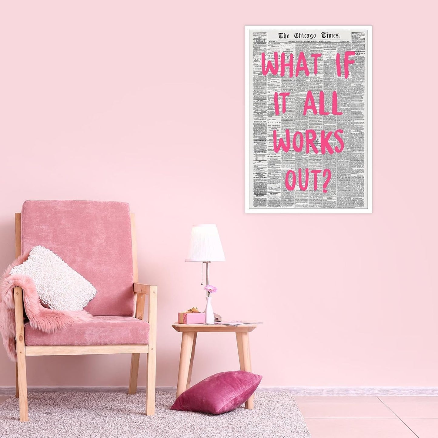 Liyark Retro Trendy Newspaper Canvas Wall Art - 'What If All Works Out' Positive Affirmation Quote - Pink Font - Minimalist Home Decor - 16x24in Unframed