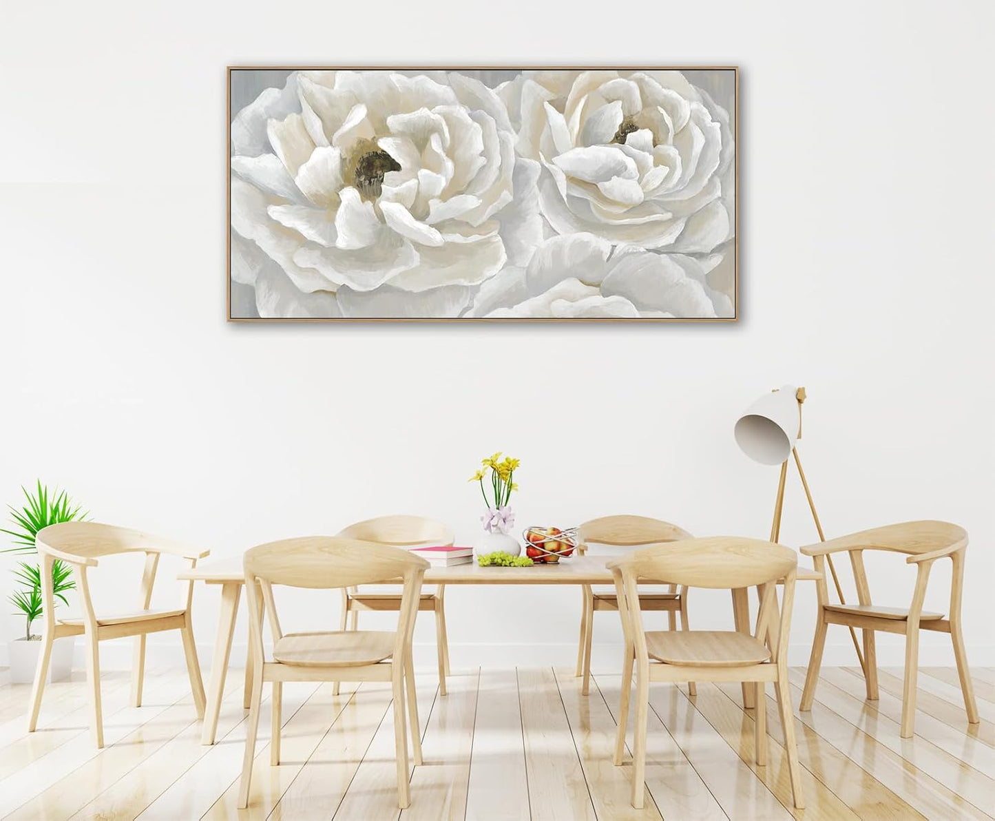 arteWOODS Cream White Flowers Framed Wall Art - Soft Peony Pictures for Wall Decor Elegant Blossom Flower Painting Artwork Botanical Prints for Living Room Home Office Wall Decoration 24" x 48"