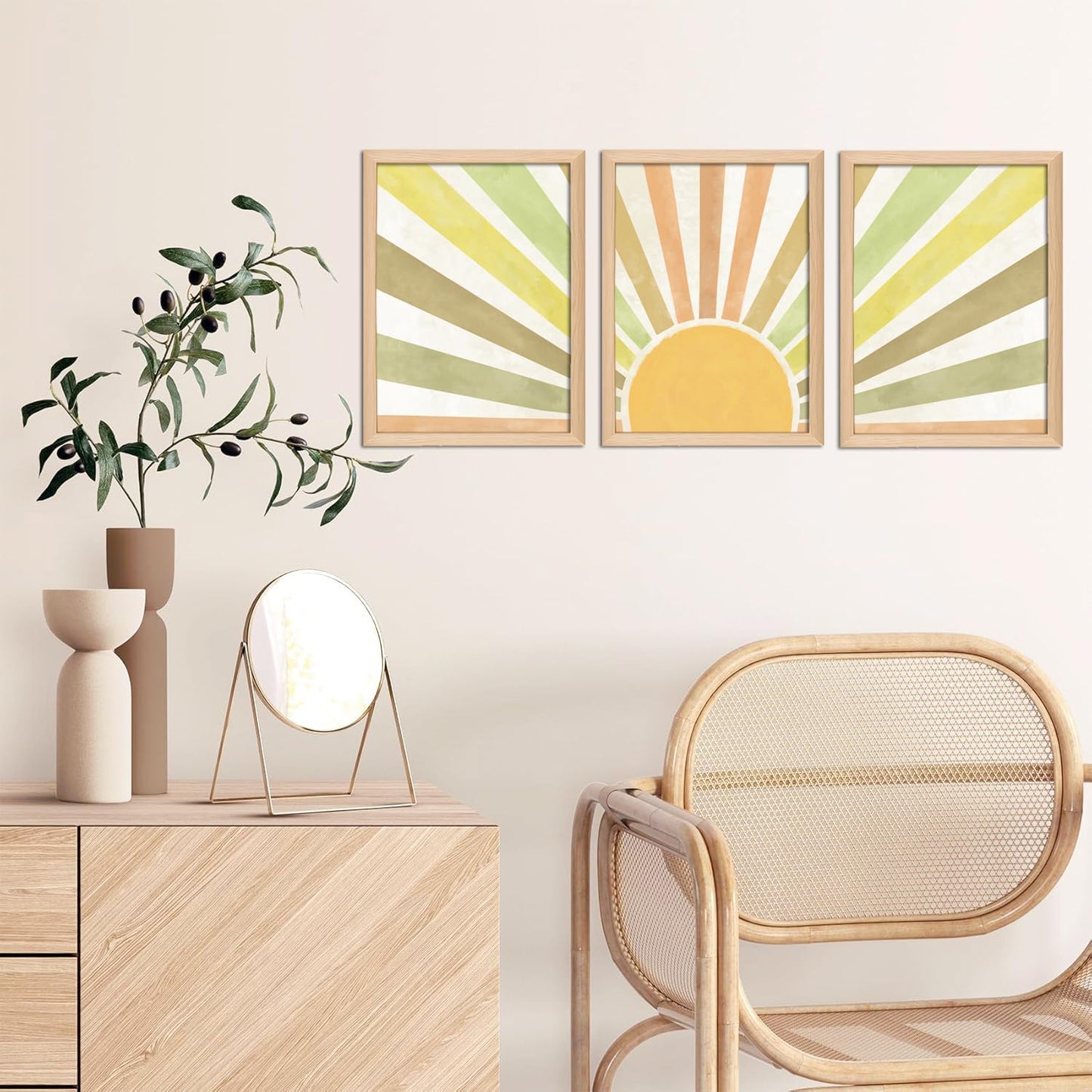 Wooden Framed Boho Sun Wall Art Set of 3 Abstract Sunshine Canvas Prints Morden Bohemian Posters Neutral Home Decor Minimalist Geometric Line Painting Picture for Living Room Bedroom16x24in