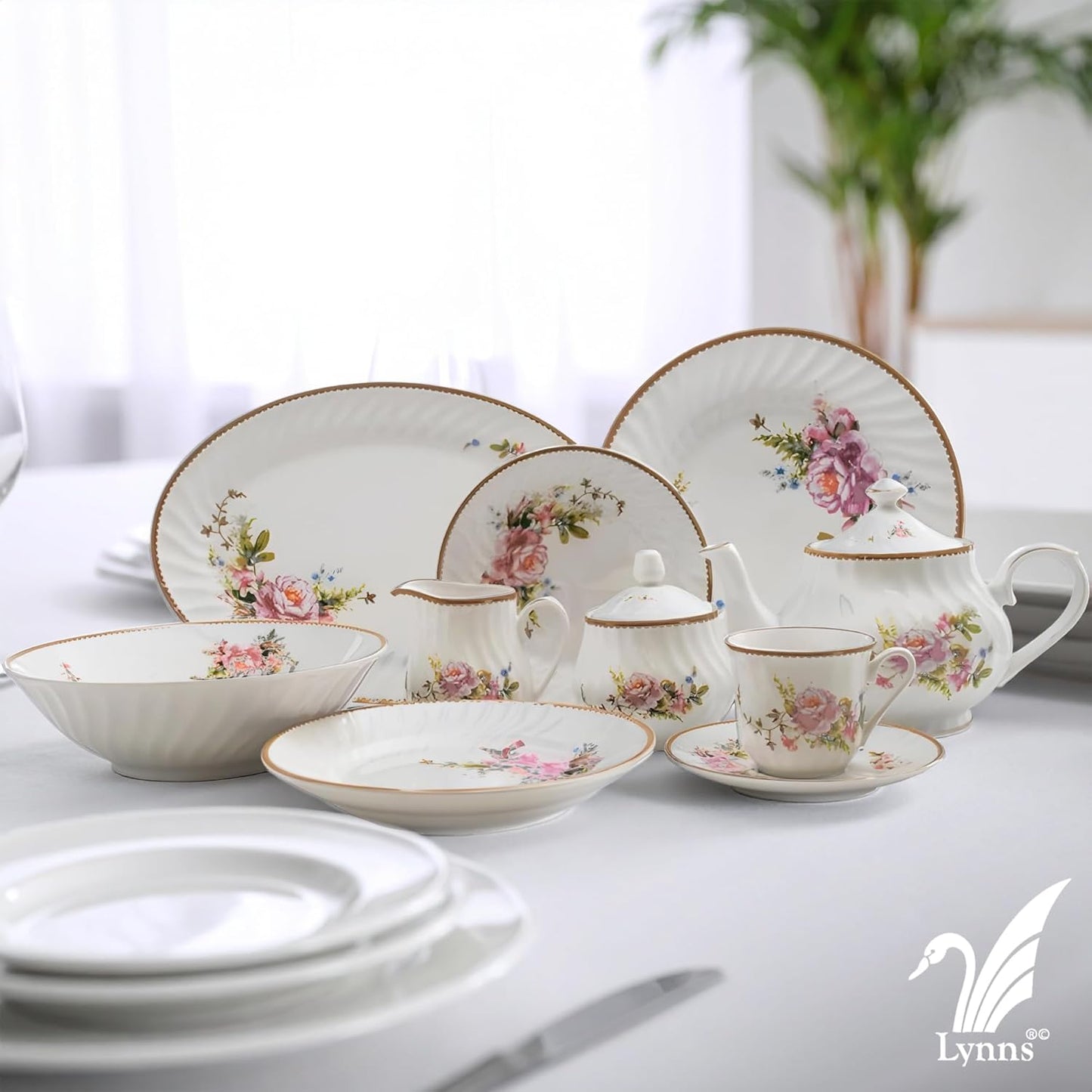 Lynns Paradise Timeless Rose 14-Inch Oval Platter, Set of 2, Pink; Heavy Duty; Chip Resistant; Lead and Cadmium Free; Freezer to Oven Safe up to 500°F