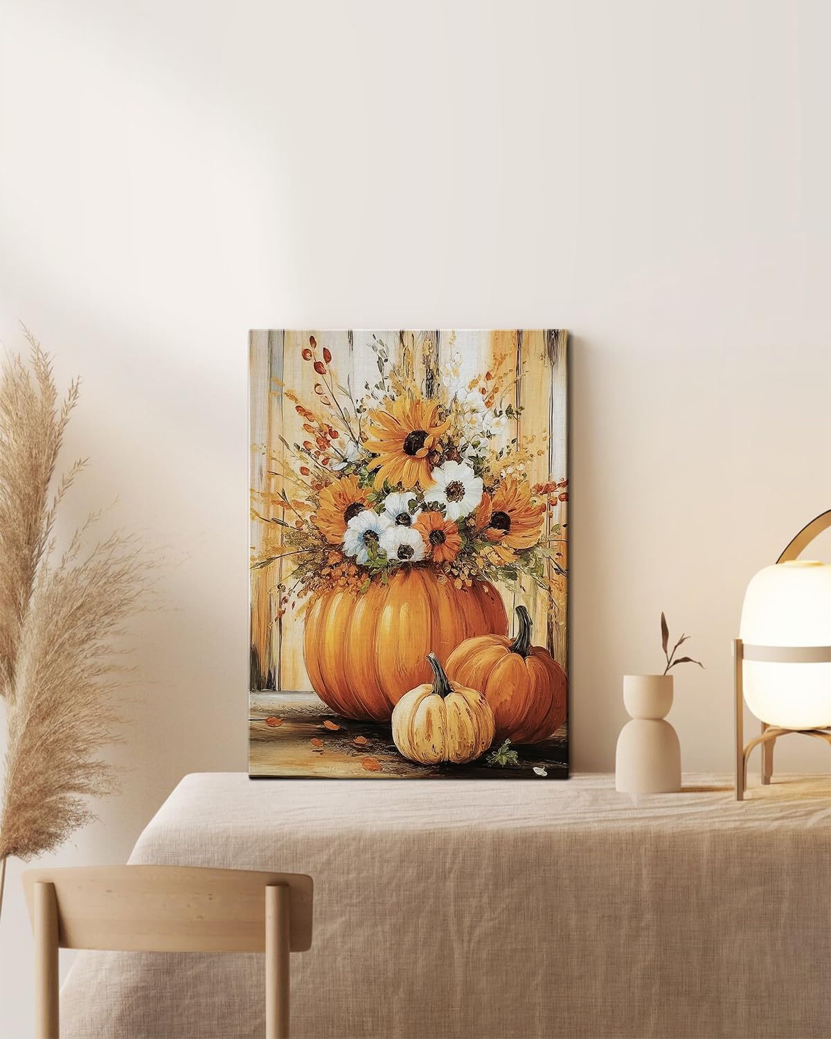 Rustic Autumn Fall Floral Pumpkin Wall Art Decor, Fall Floral Botanical Print for Thanksgiving Decorations, Autumn Wall Art Print for Farmhouse Living Room Bedroom Fall Decor, Ready to Hang