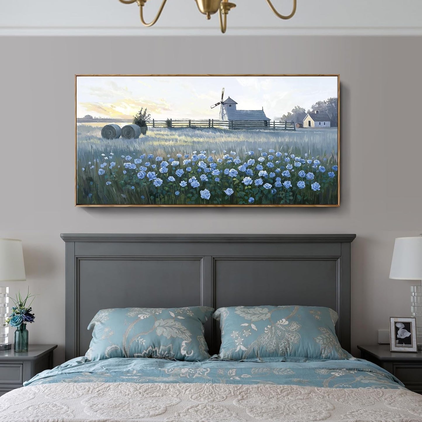 amatop Extra Large Wall Art Bedroom – Framed Country Landscape Canvas Art Blue Floral Field Windmill Print with Natural Wood Frame Rustic Wildflower Picture Home Decor for Living Room Office 58x29 Inch