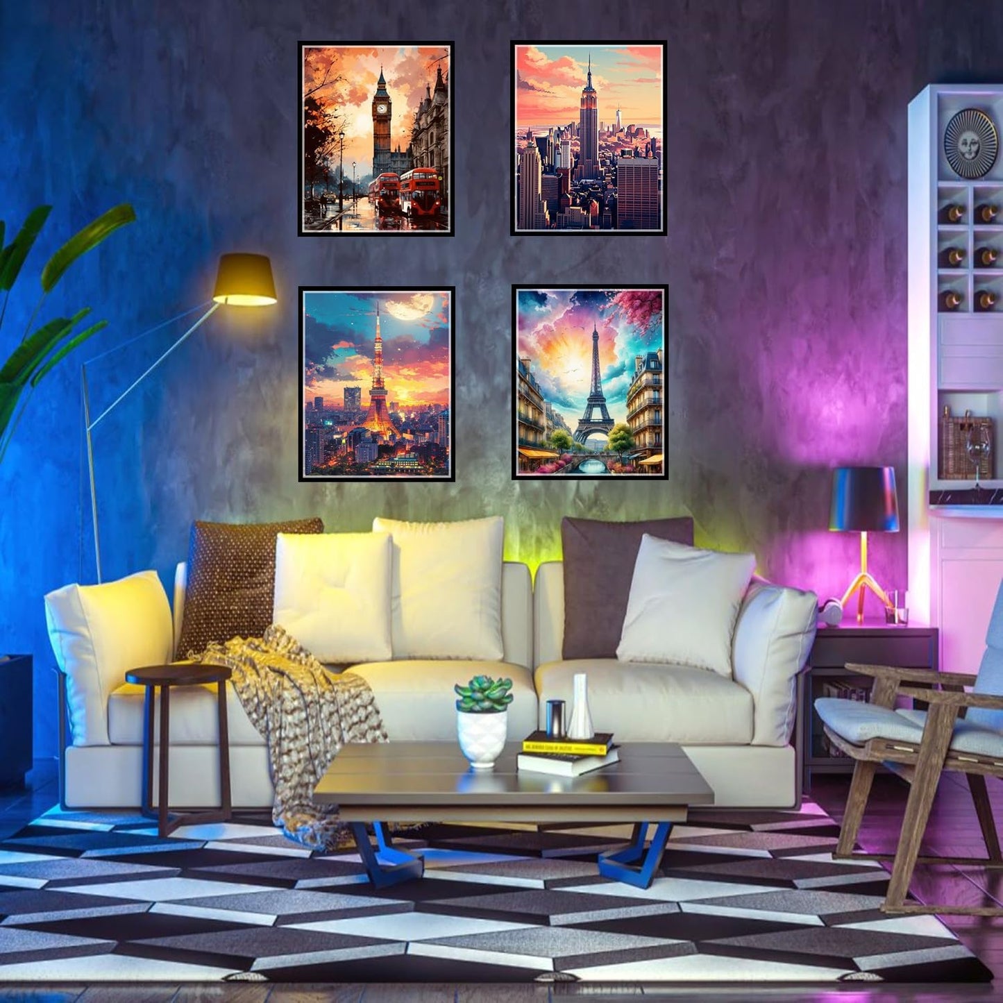 Boho Wall Art Decor, London, Tower of Pisa, Paris, Eiffel Tower,Roman Colosseum,City Wall Decor Art ,Modern Landscape Wall Art for Living Room Bedroom Prints Poster ,8x10 Inch Set of 4,Unframed