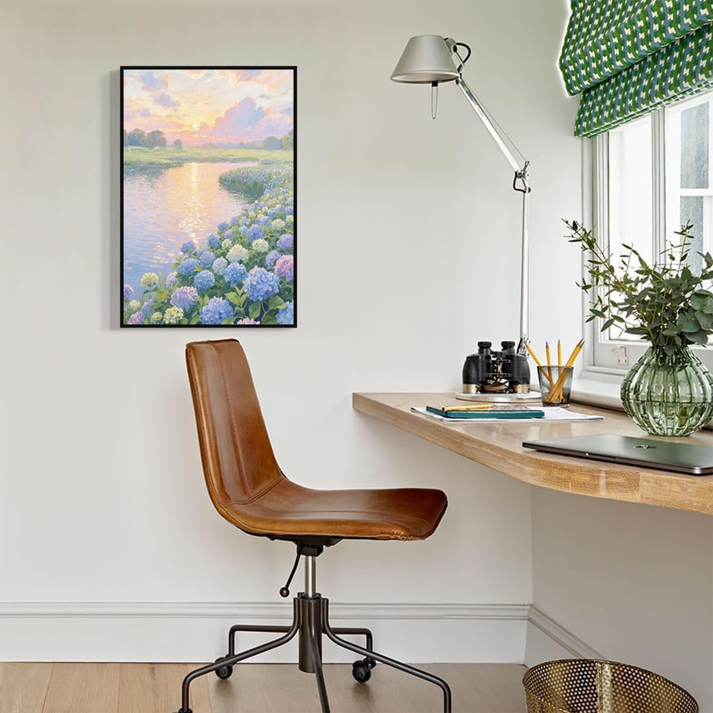 The hydrangea scenery all over the lake at sunset is suitable for posting in the living room bedroom office landscape poster wall painting