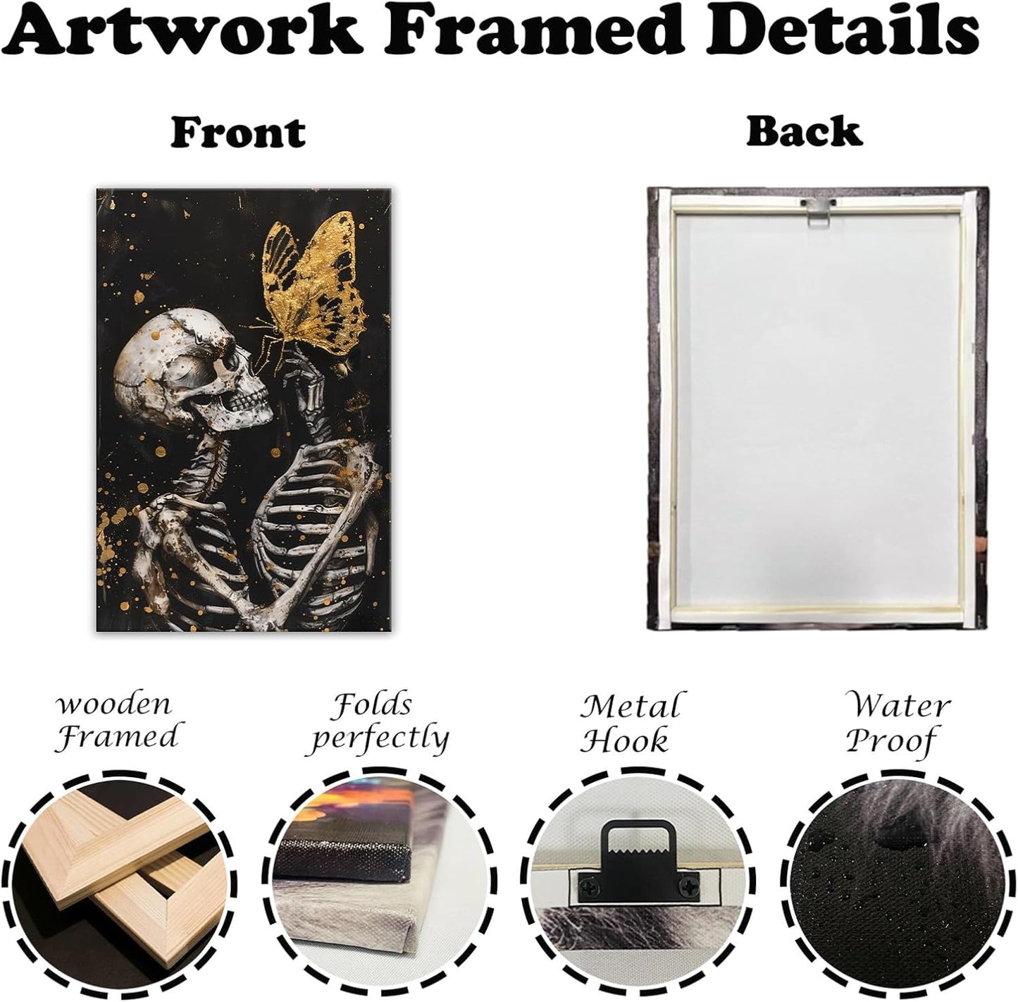 OAAPITI Skull Wall Art Skull and Gold Butterfly Canvas Print Abstract Modern Gothic Artwork for Bedroom Dark Art Decor(Artwork-7,12"x18")