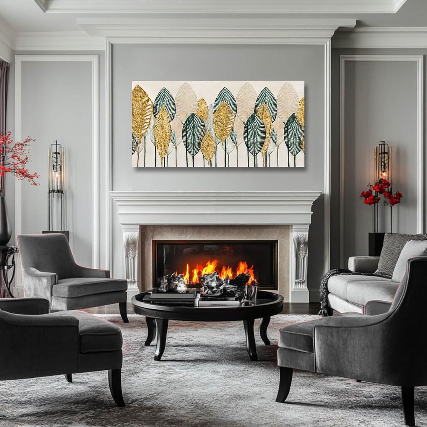 CHUDANHAO Green Wall Art Gold Wall Decor Leaves Prints Pictures Textured Bedroom Decor Line Painting Green Paintings Wall Decorations 24”x48” Artwork for Living Room Dining Room