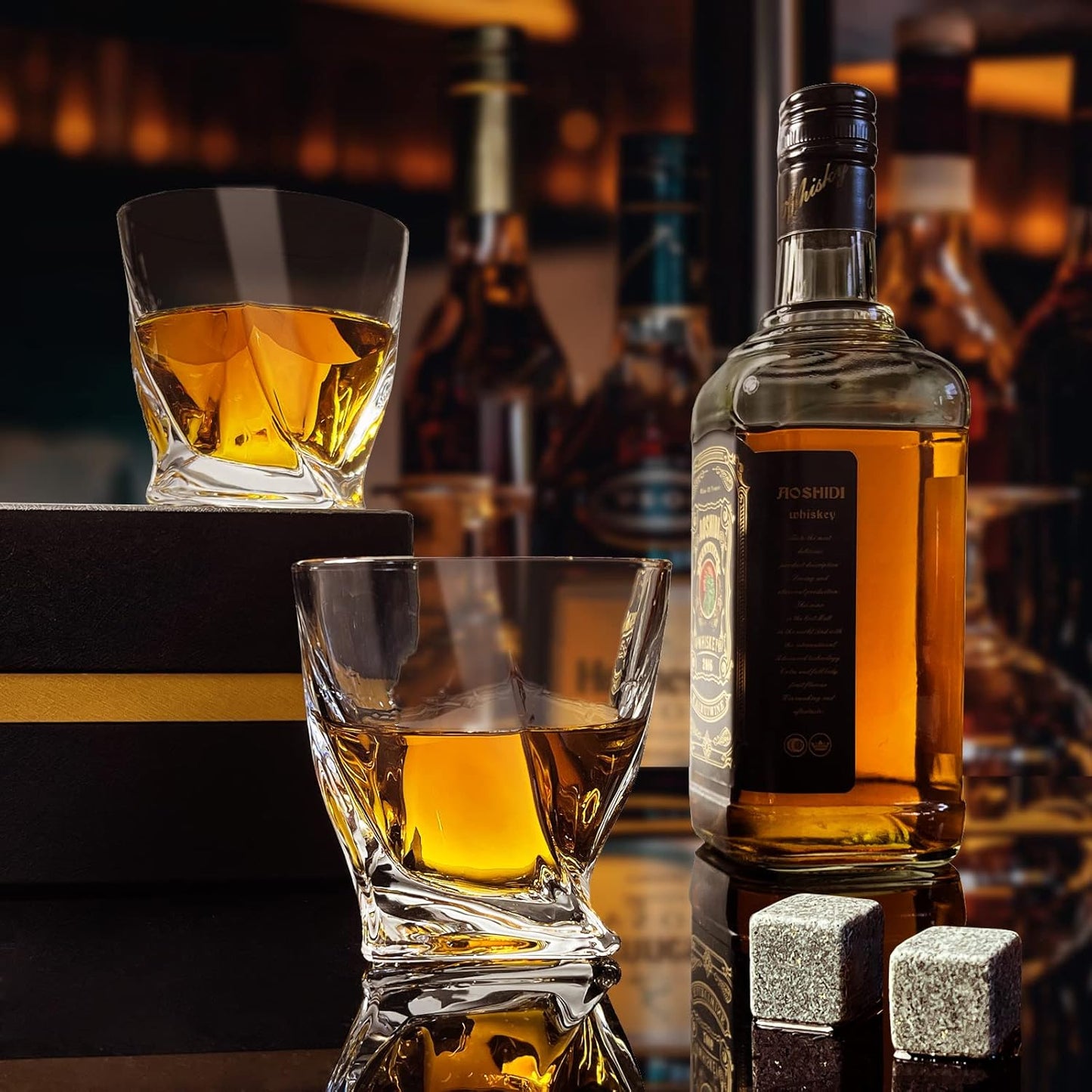 Crystal Whiskey Glasses Set of 2 with Ice Ball Molds, 11 Oz Old Fashioned Glasses Packaged in Giftable Box, Twisted Style Bourbon Glasses Gifts for Men, Stylish Whiskey Glasses Set
