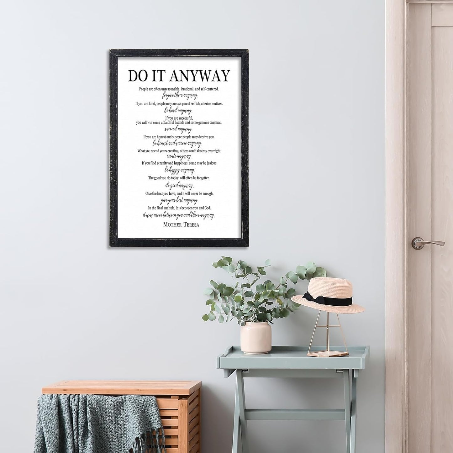 Do It Anyway Mother Teresa Wall Art Decor 16x11 Inch Wooden Framed Wall Hanging Sign (Black)