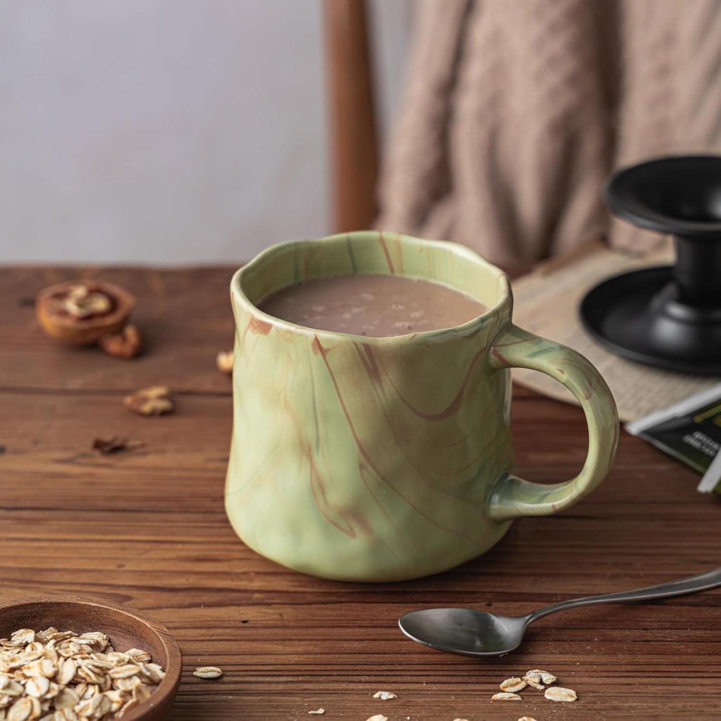 Abstract Art Ceramic Coffee Mugs Set - 1 Pack, Mint Green with Red and White Accents, Handcrafted Design for Modern Kitchen or Office