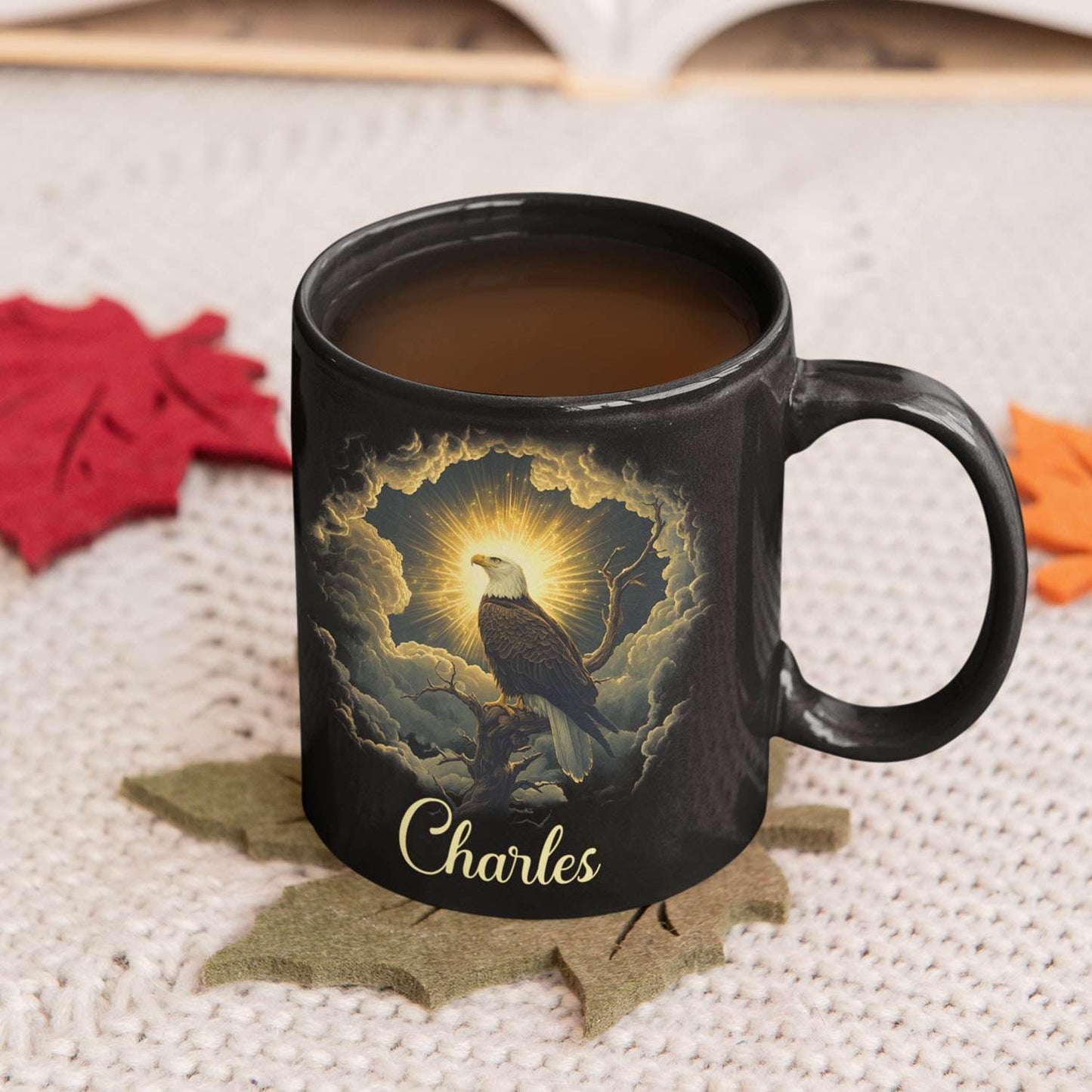 Custom Name Coffee Mug 11oz or 15oz, Unique Wildlife Art Black Cup, Personalized Eagle Ceramic Mug for Animal Lovers, Inspirational Coffee Cup with Nature Scene, Gifts for Friends
