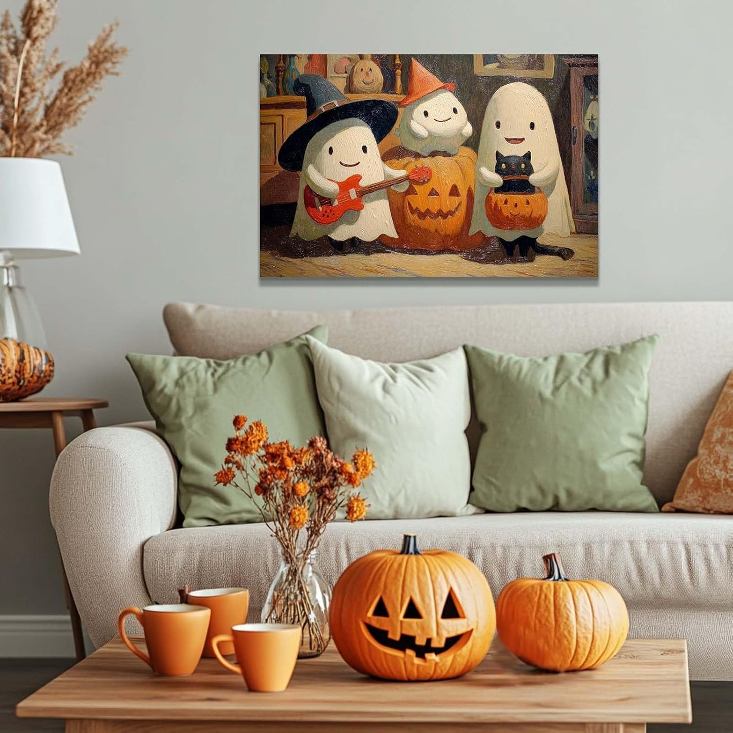 Laoife Vintage Halloween Canvas Wall Art, Autumn Pumpkin Cute Ghost Canvas Prints, Halloween Party House Decoration (Ghost 4)