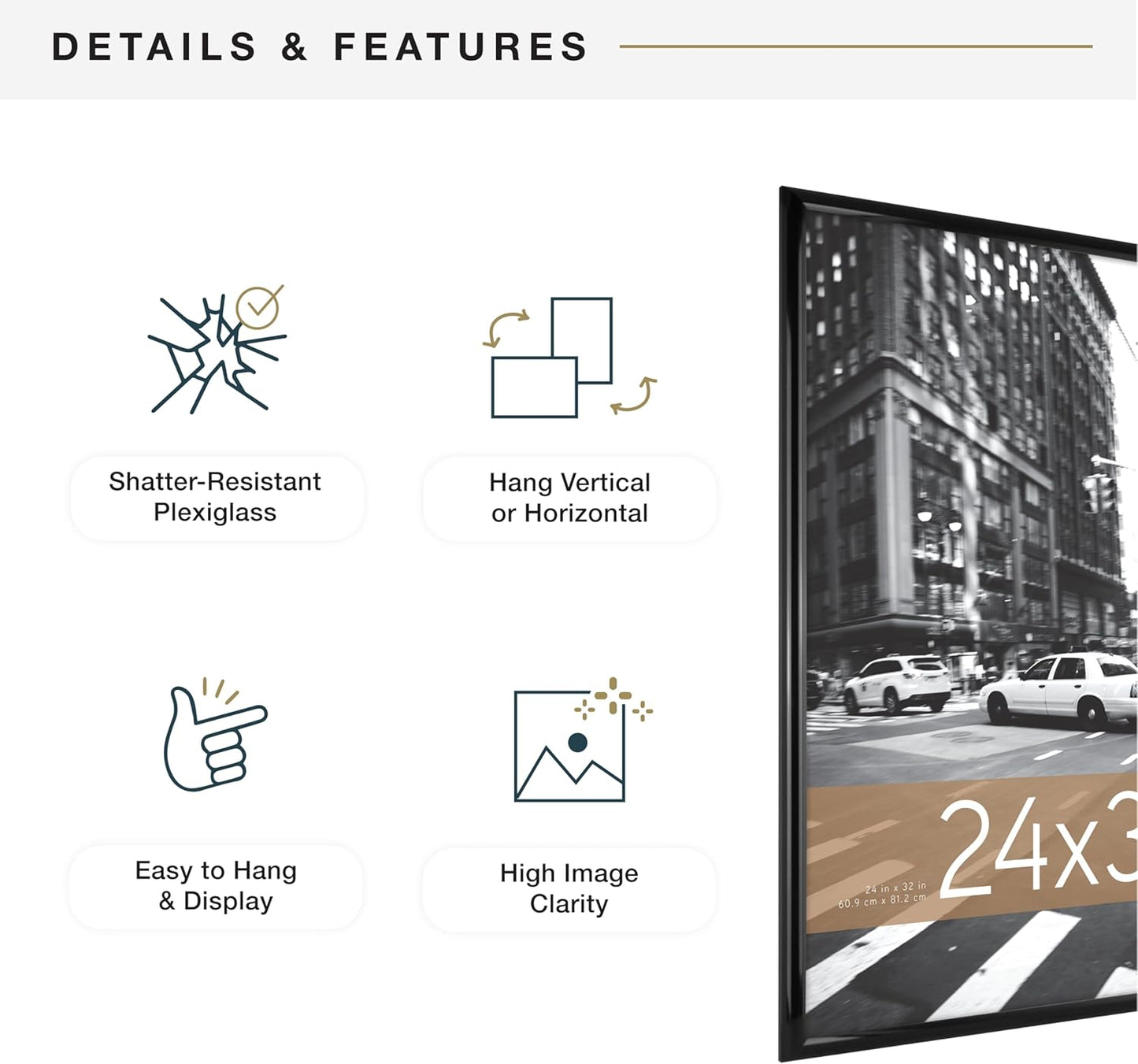 MCS Trendsetter 24x32 Poster Frame Black High-Gloss, Vertical & Horizontal Wall Hanging Large Picture Frame for Photos, Posters & Art Prints (1-Pack)