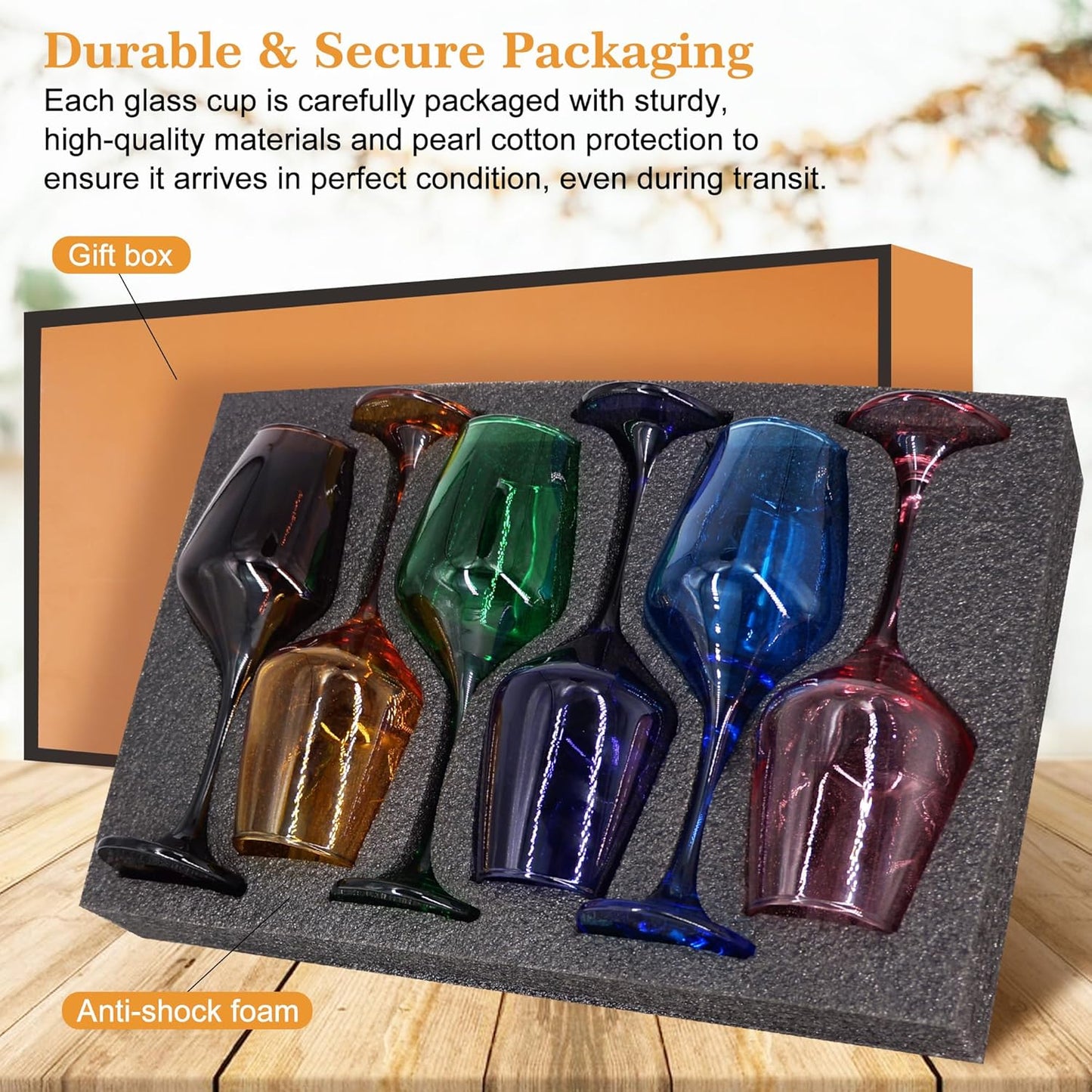 Colored Wine Glasses Set of 6-14oz Colorful Long Stem Wine Glass, Multi Color Pretty Crystal Glassware, Hand Blown Goblets Drinkware, Unique Stemware Wine Glass Holiday Gift Set