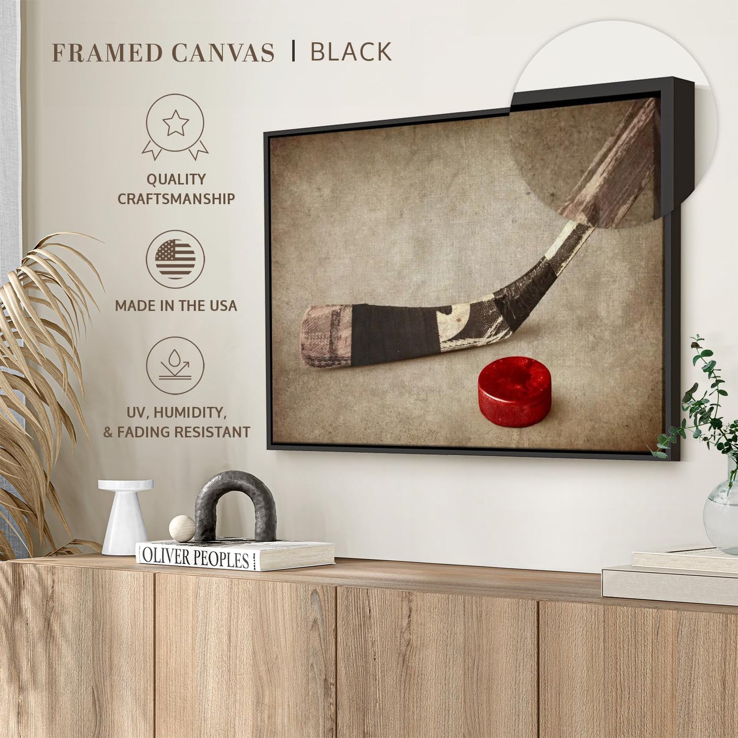 Elephant Stock Vintage Ice Hockey Wall Art - Horizontal Framed Canvas - 1-Piece Hallway Wall Decor - Photography Sports Canvas Print - Brown and Beige Decor for Wall - 19" X 13"