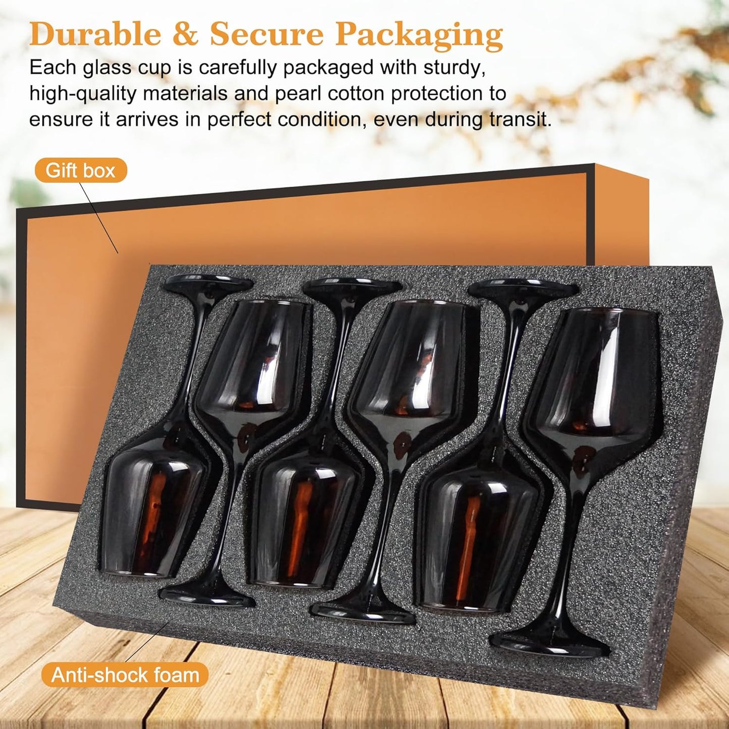 Brown Wine Glasses Set of 6-14oz Long Stem Wine Glass, Pretty Crystal Glassware, Hand Blown Goblets Drinkware, Unique Stemware Wine Glass Holiday Gift Set