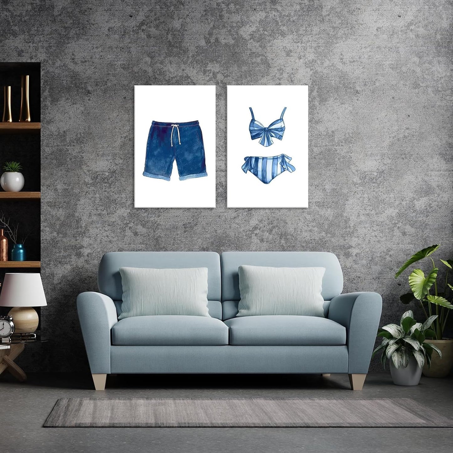 Liyark Set of 2 Retro Navy Blue And White Swimsuit Art Posters Beach Bathing Suit Prints Painting Beach House Wall Art Coastal Wall Decor Pictures For Bathroom Home Decoration 16x24in Framed