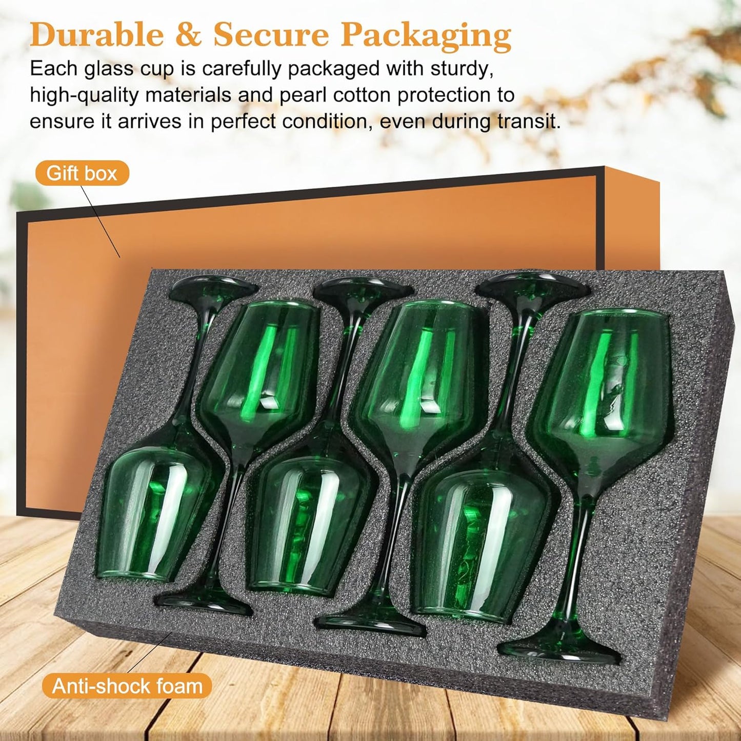 Green Wine Glasses Set of 6-14oz Long Stem Wine Glass, Pretty Crystal Glassware, Hand Blown Goblets Drinkware, Unique Stemware Wine Glass Holiday Gift Set