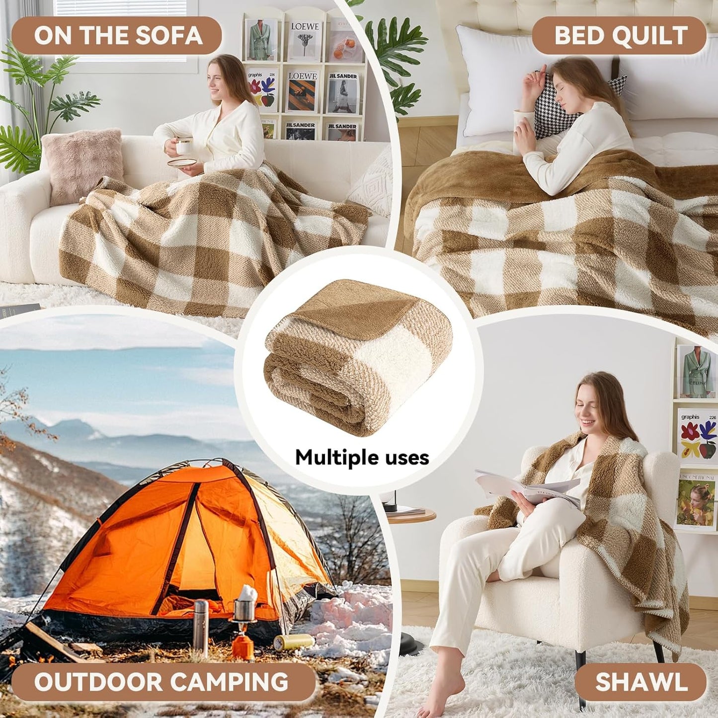 LURKA Checkered Sherpa Fleece Twin-Size Bed Blanket - Extra Thick and Warm Winter Soft Fuzzy Plush Blanket for Couches, Beds & Pets, Brown, 60x80 Inches