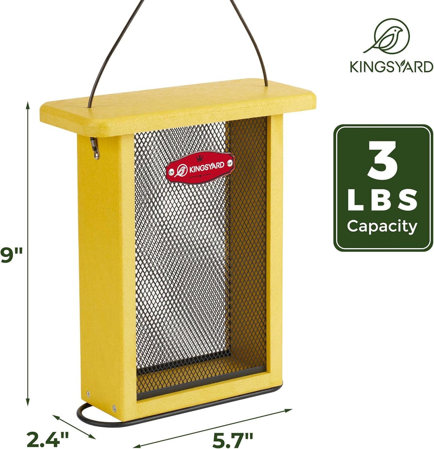 Kingsyard Metal Mesh Bird Feeder for Outdoors Hanging, Finch Feeder for Nyjer/Thistle, Sliding Mesh & Built-in Perch, Recycled Plastic, Yellow
