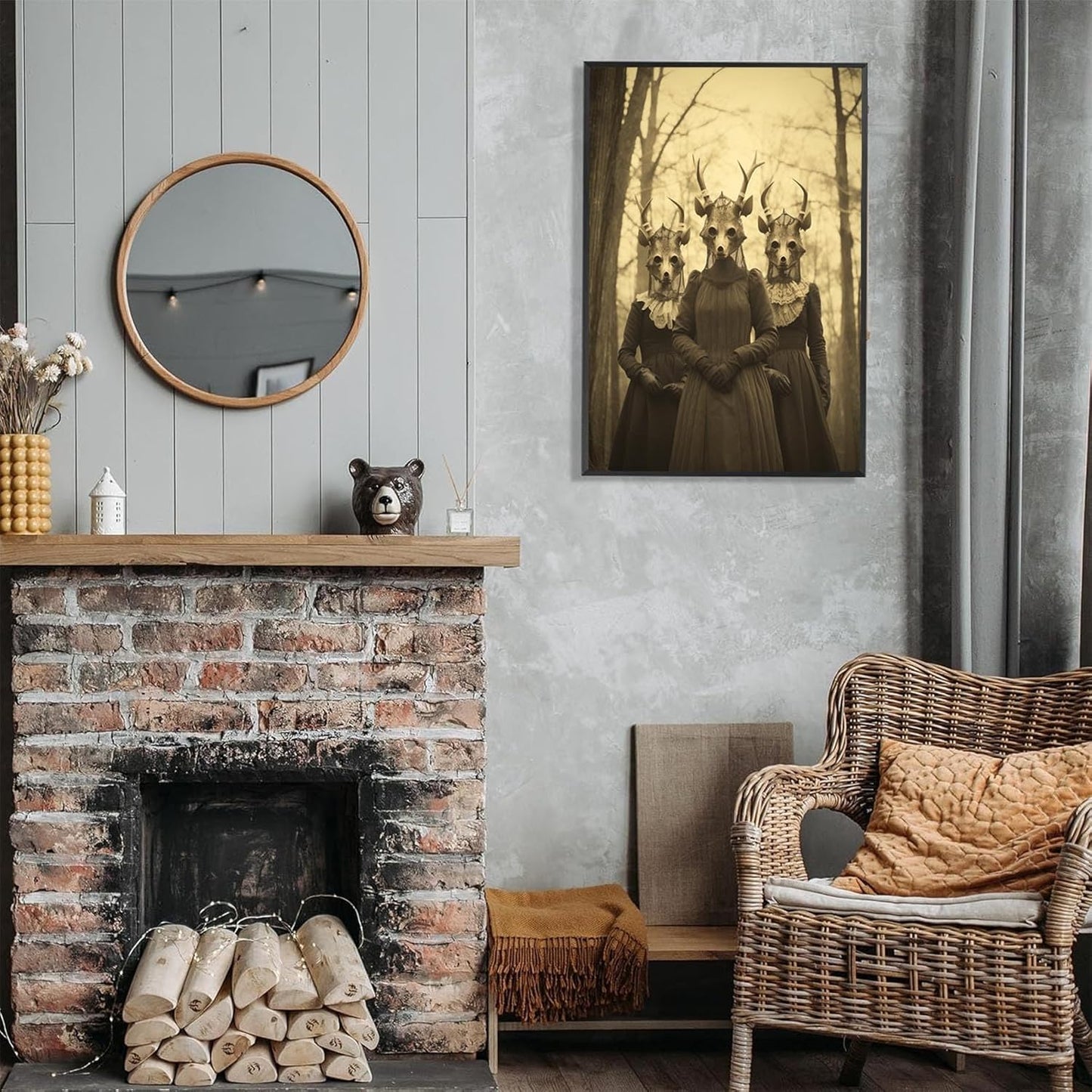 Vintage Horror Skeleton Spooky Three Skull In Occult Forest Posters Canvas Wall Art Poster Gothic Dark Academia Decor Creepy Print Retro Halloween Wall Decor 16X24inch Aluminum Framed