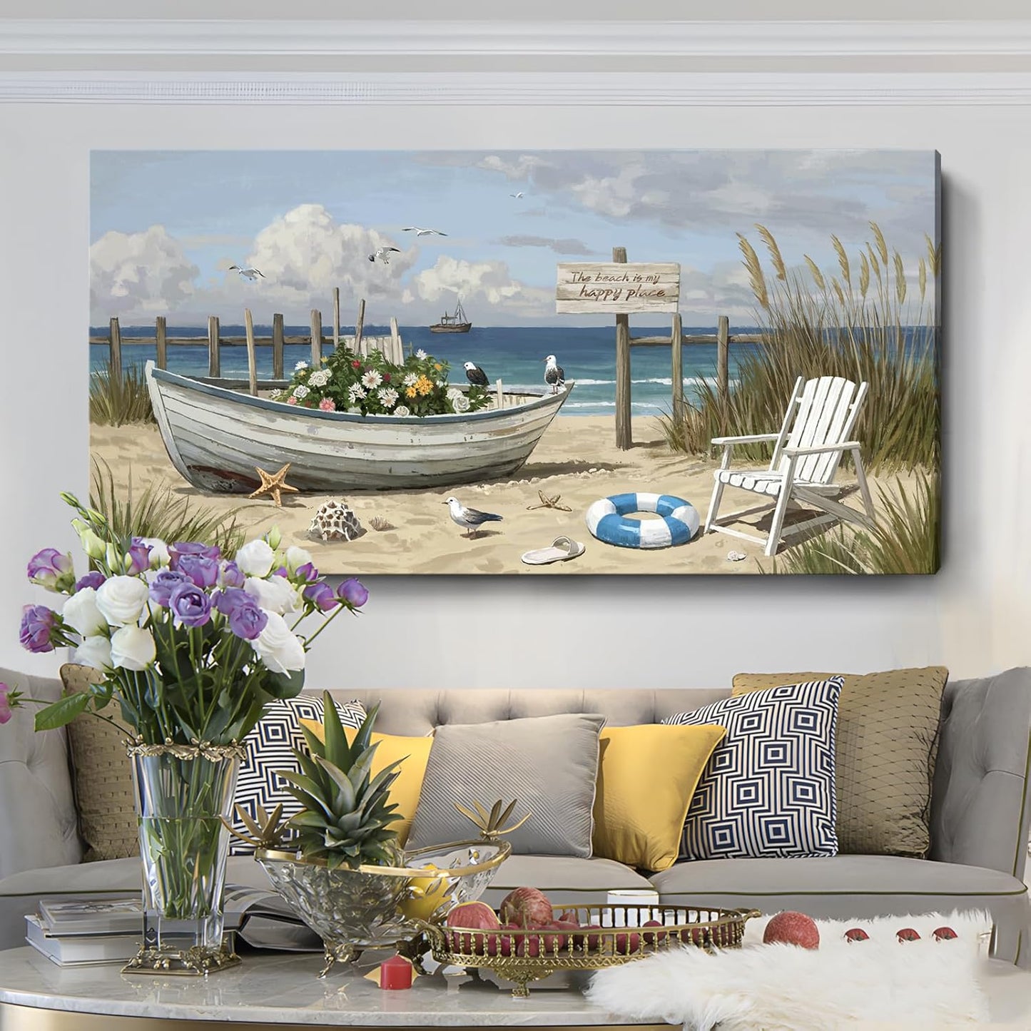 amatop Oversized Coastal Canvas Wall Art – Nautical Seaside Landscape Floral Boat on Sandy Beach Ocean Seabirds Horizontal Decor Large Wildflower Nature Artwork for Living Room Bedroom Office 58×29 Inch