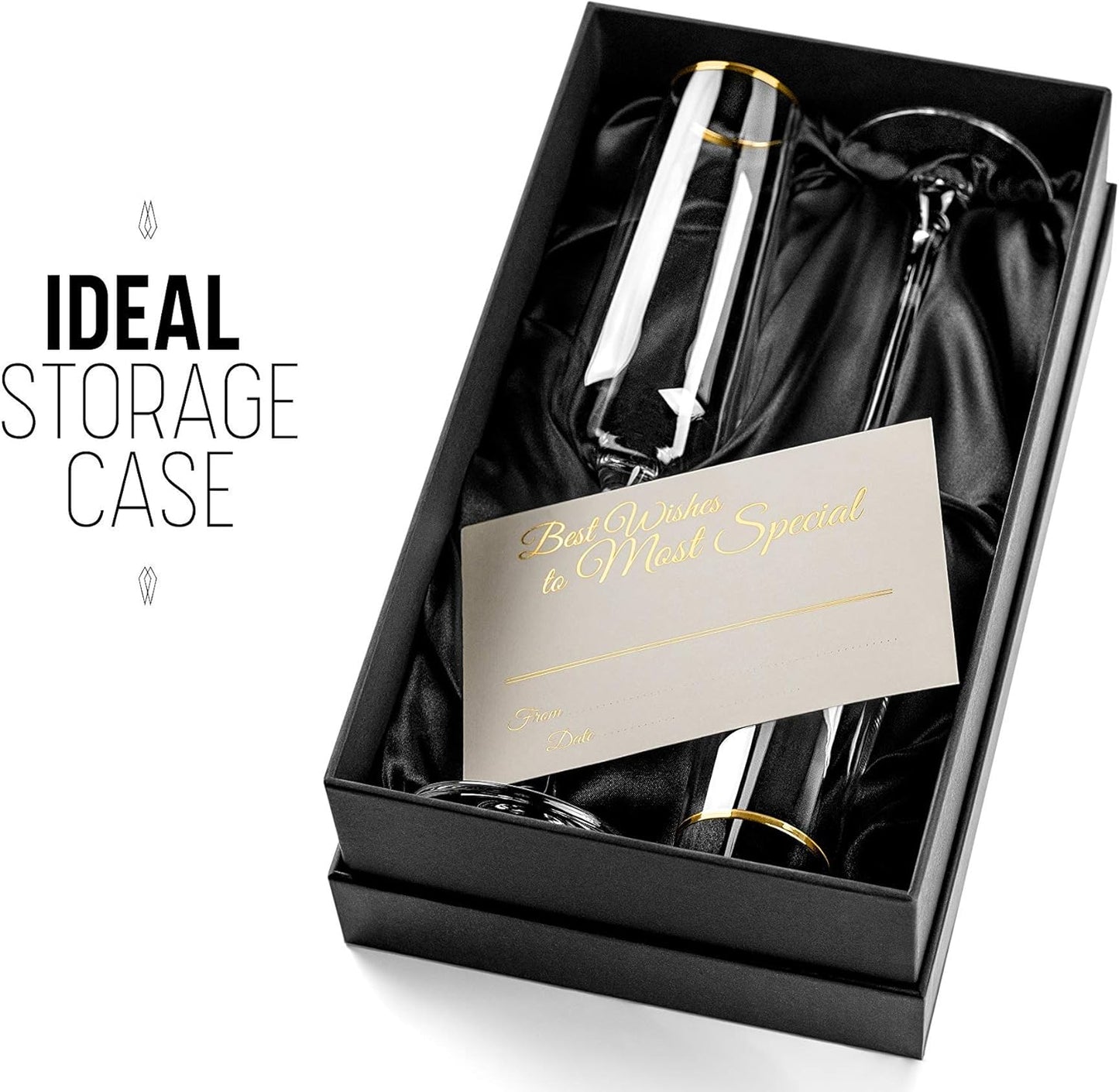 Gold Rim Champagne Gift Glasses | Set of 2 | Crystal Square Toasting Flutes for Bride and Groom, Wedding, Anniversary, Birthday | Elegant Long Stemmed Glassware for Sparkling Wine, Prosecco