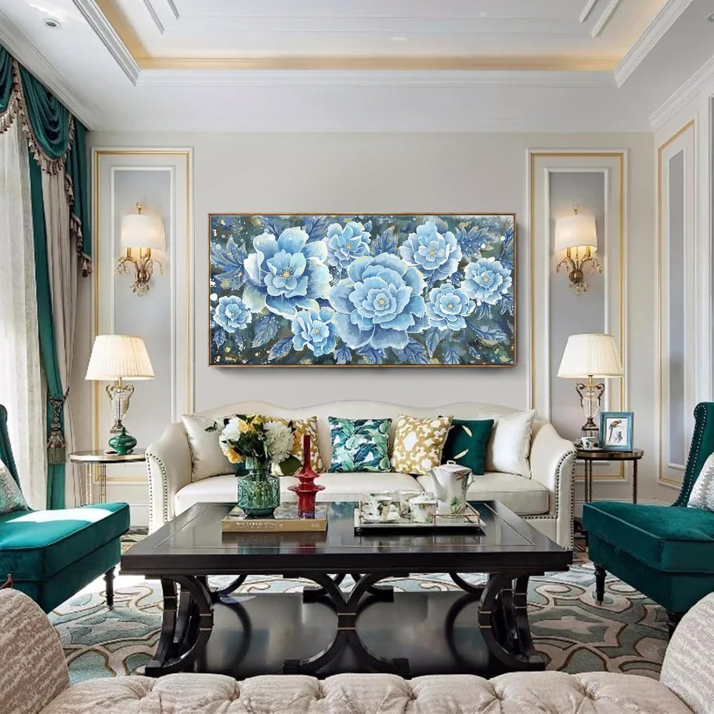 Extra Large Wall Art for Living Room, Framed Big Floral Blue Flower Canvas Print, Modern Oversized Blossom Peony Wall Picture Botanical Artwork for Dining Room Bedroom & Office Décor