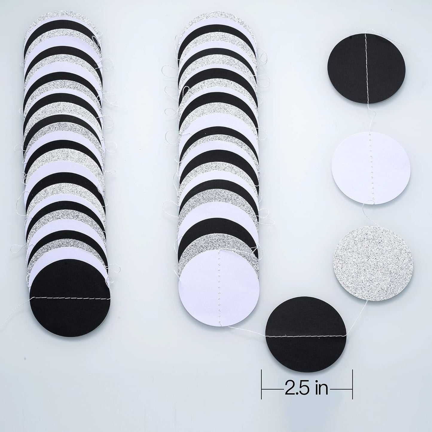 Black White Silver Glitter Paper Garland Circle Dot Streamer Banner for Graduation Bridal Shower Wedding Birthday Party Decorations, 2.5" in Diameter, 20 Feet in Total
