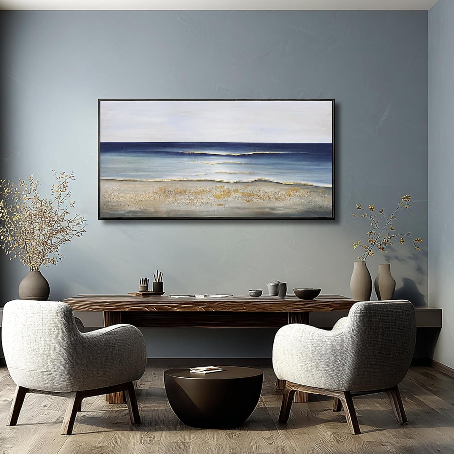 Yuaxker Ocean Wall Art Blue and White Wall Decor Framed Aesthetic Artwork Wall Hanging Canvas Painting for Living Room Bedroom Dining Room Office Home Decor 24x48 Inch