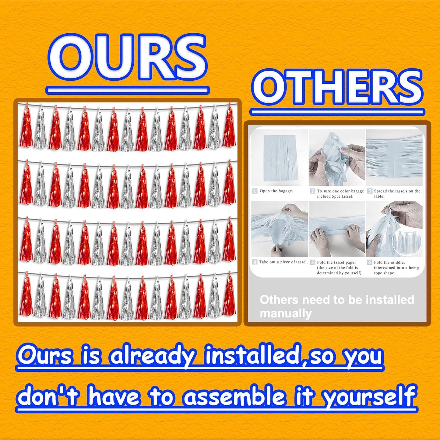 4P Red Silver Foil Fringe Metallic Tassel Streamers Banner Tassel Garland for Parade Floats, Graduation, Wedding, Birthday, Halloween, Christmas, Bridal/Baby Shower Party Decorations