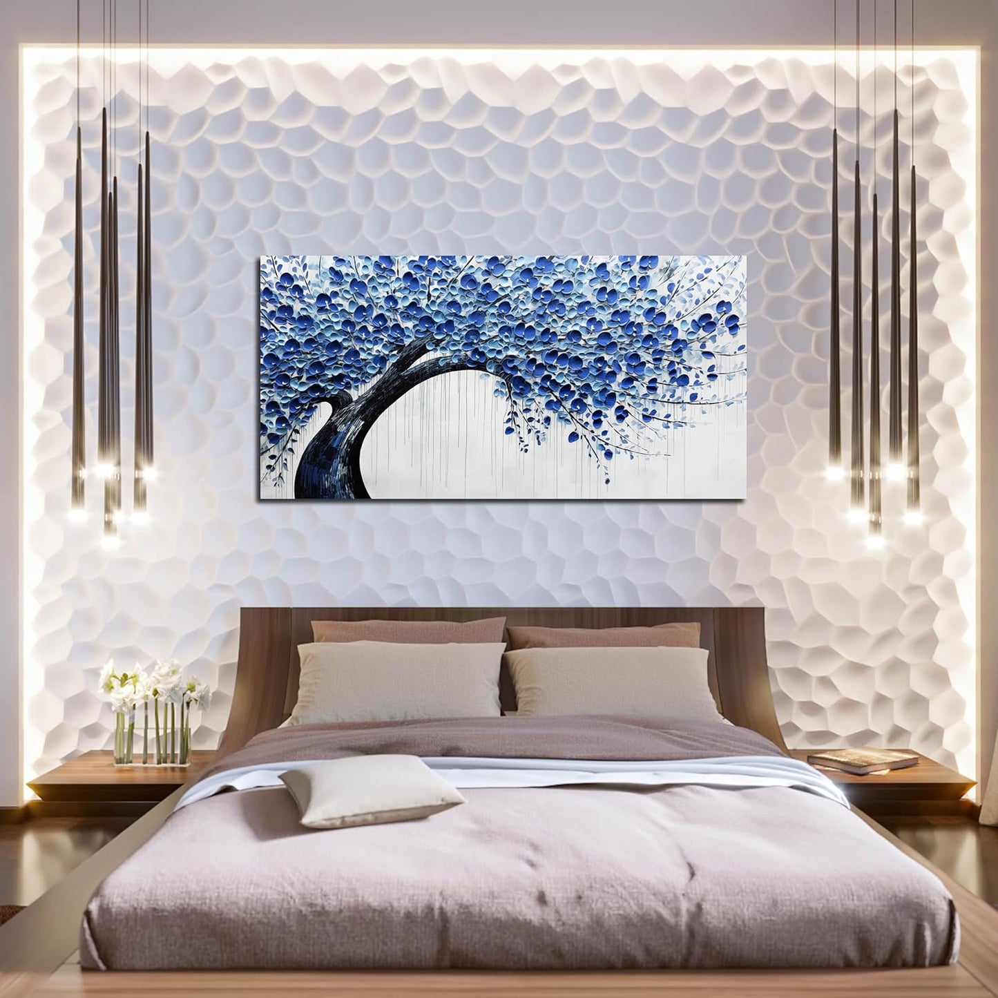 Large Wall Art for Living Room Bedroom Home Office Blue Tree of Life Wall Art Floral Picture Framed Wall Decor Modern Canvas Prints 24x48 In
