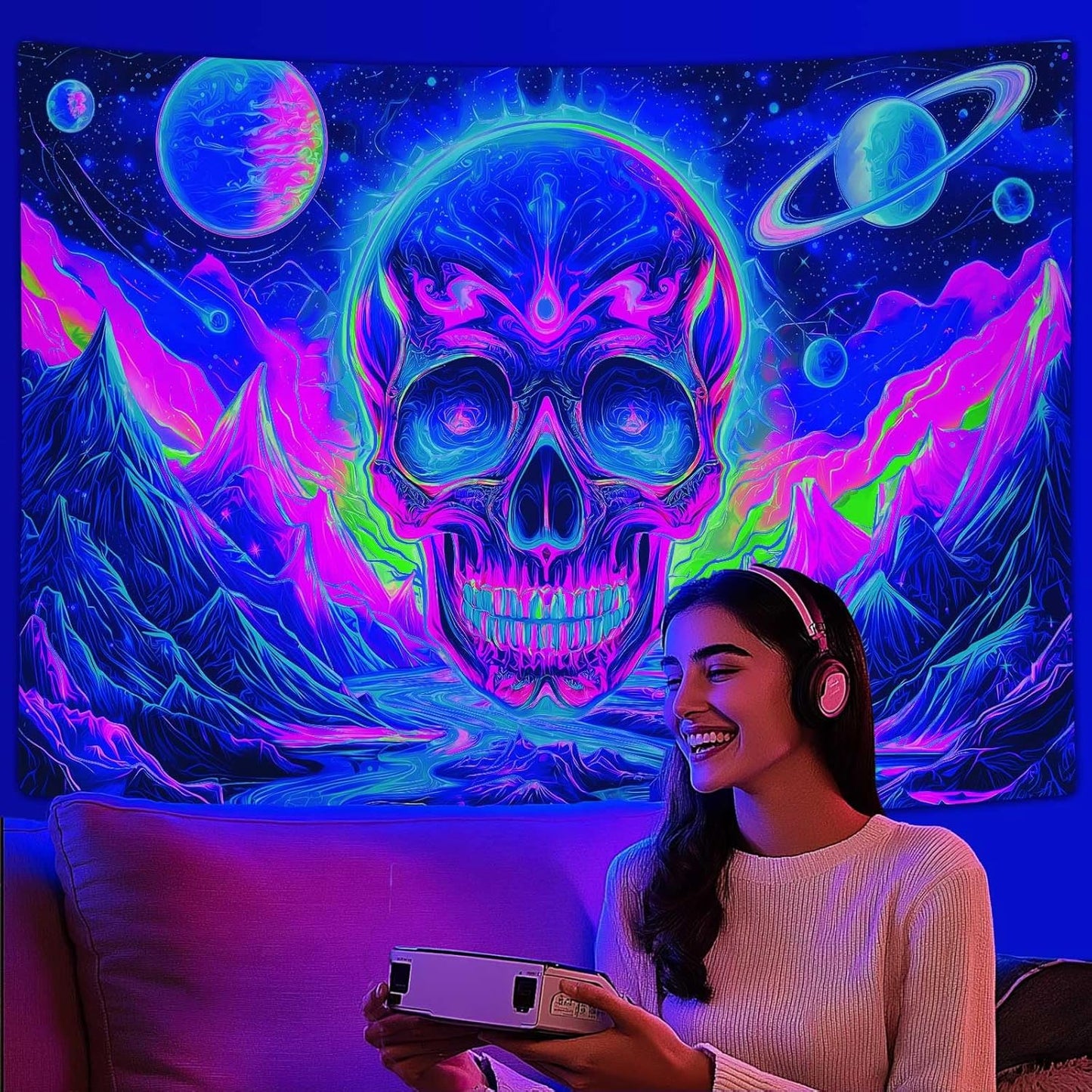 Blacklight Skull Tapestry, UV Reactive Gothic Skeleton Mountain Galaxy Planet Wall Hanging Tapestries, Glow in the Dark Horror Face Halloween Aesthetic Poster for Bedroom Living Room Decor 70X60IN